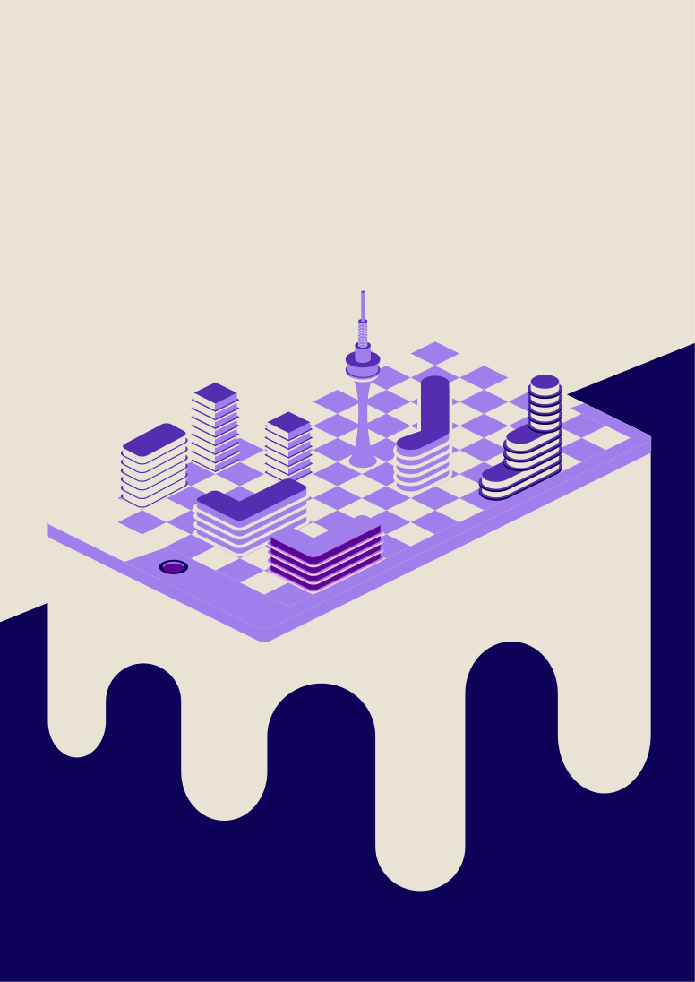 Prédios urbanos em um tabuleiro de xadrez derretendo da borda.