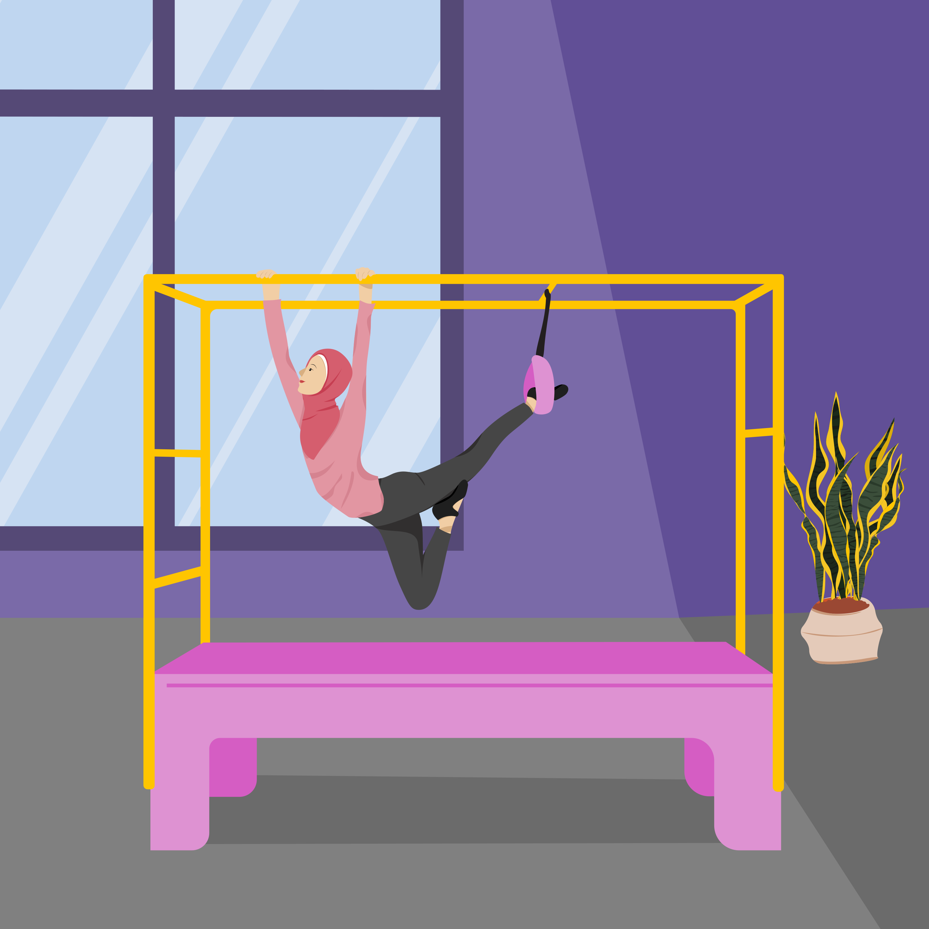 Woman in hijab exercises using gym equipment.