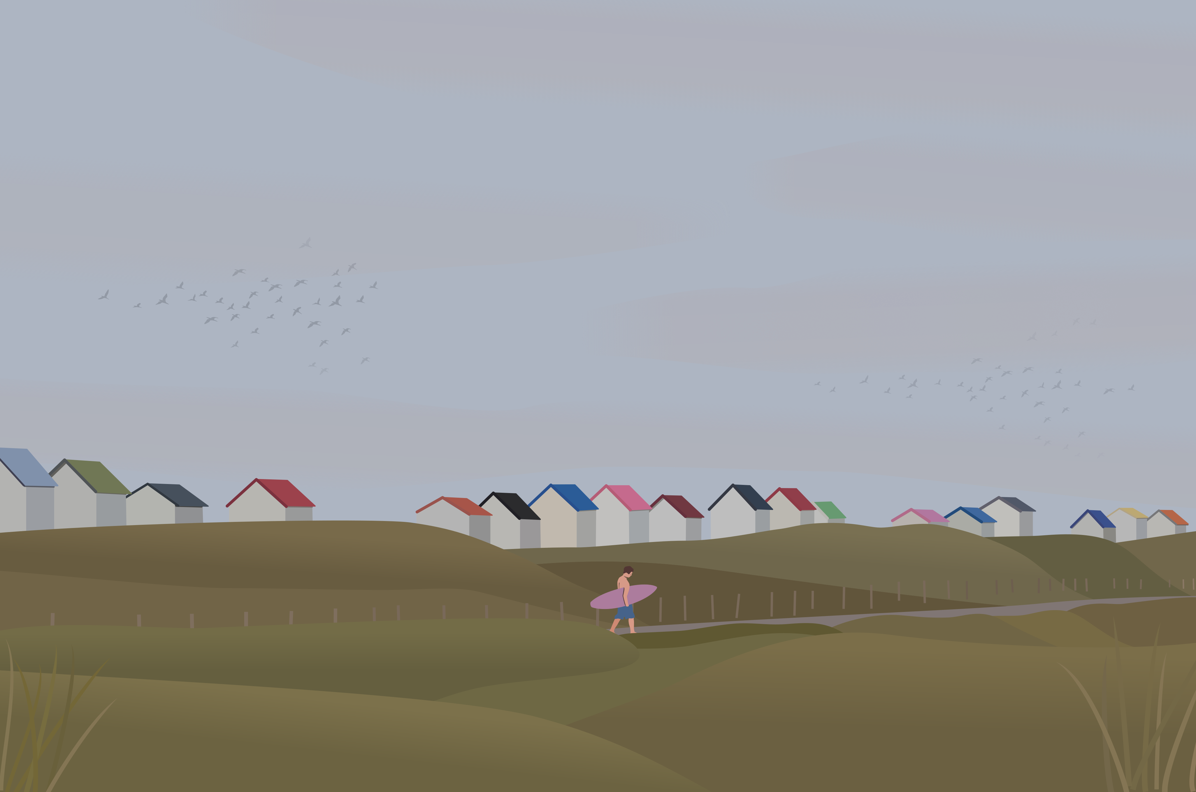 Ein Surfer geht auf die Strandhäuser zu.