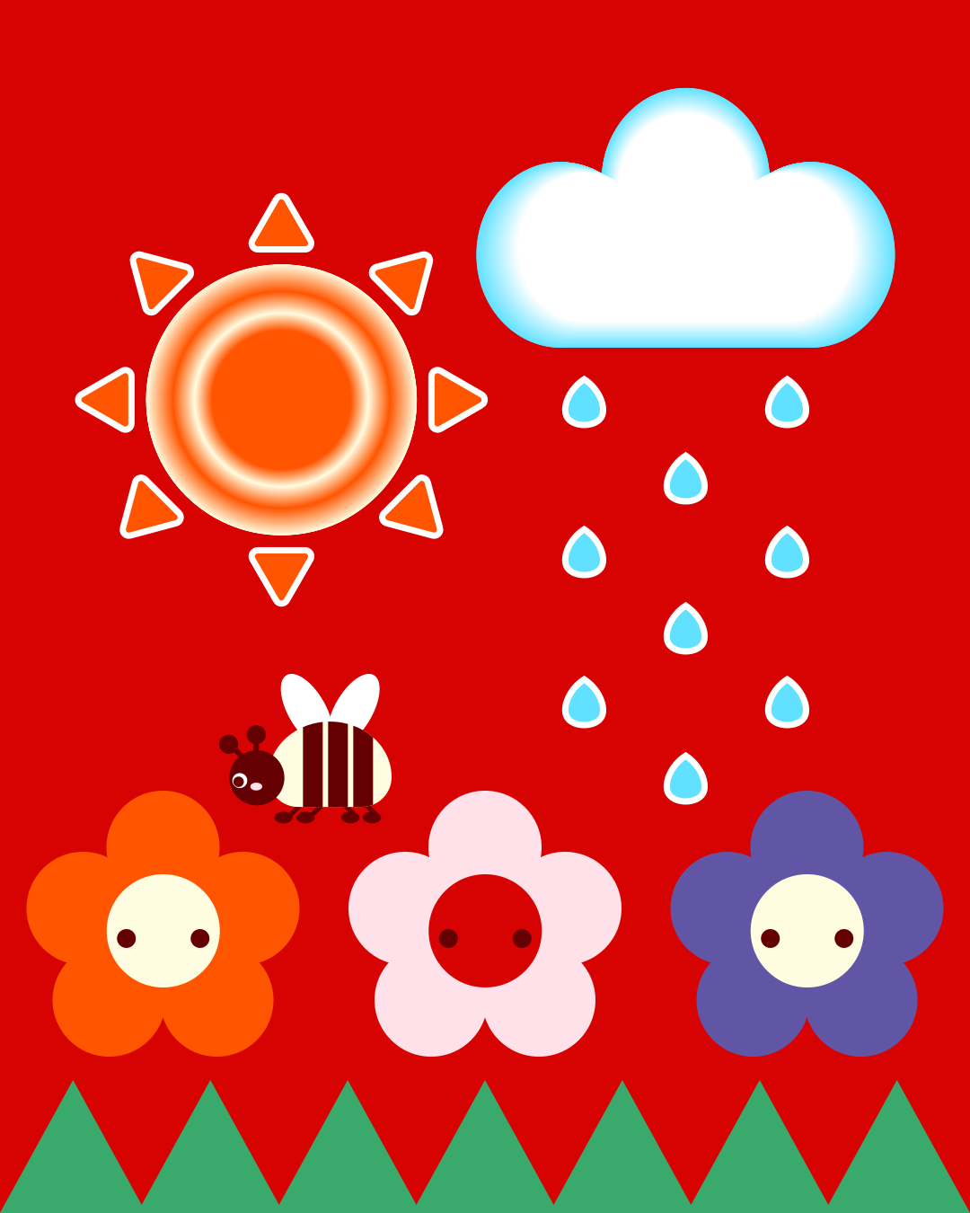 Sun, rain, flowers and a bee are in the image.