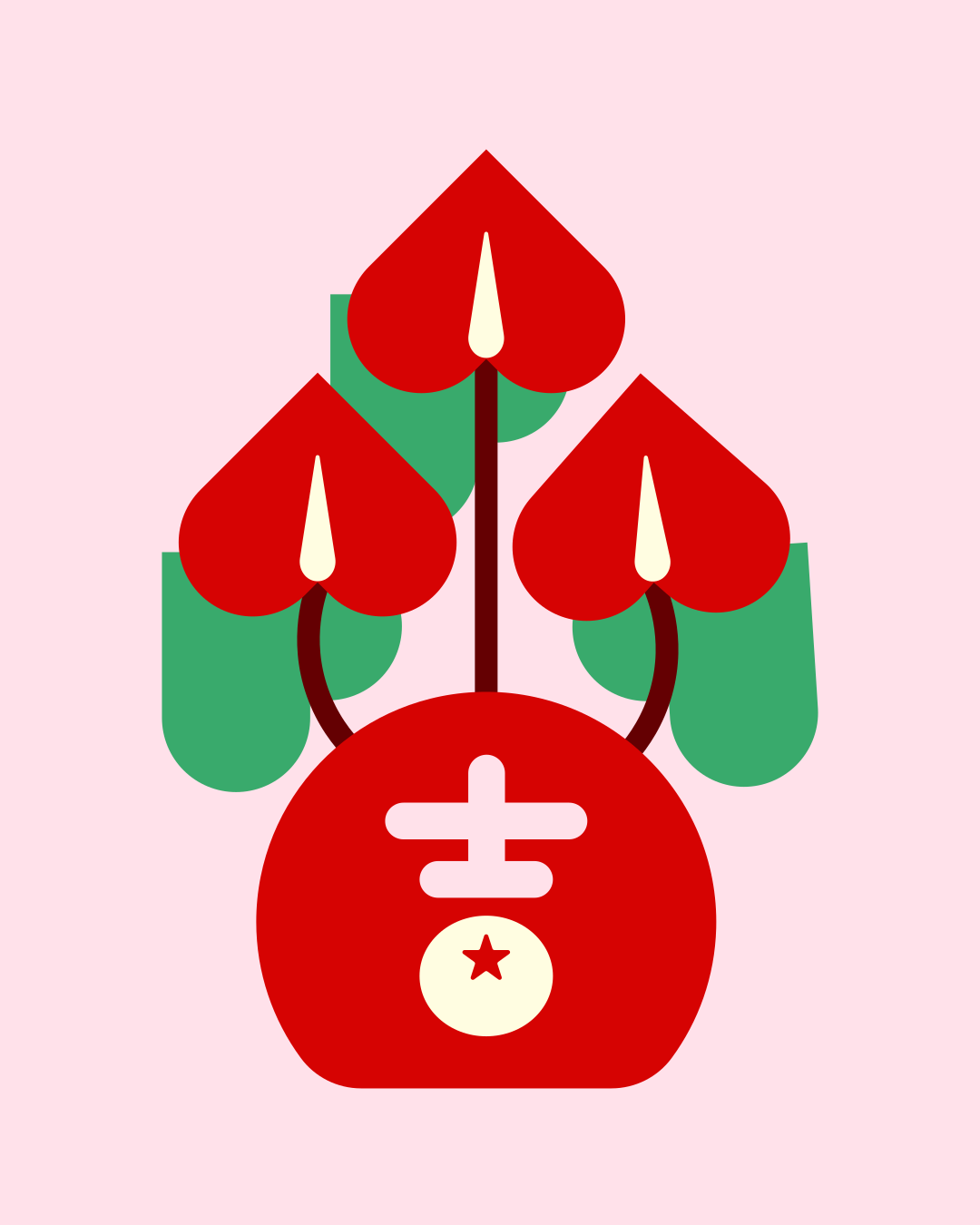 Red and green stylized floral design with a chinese character.