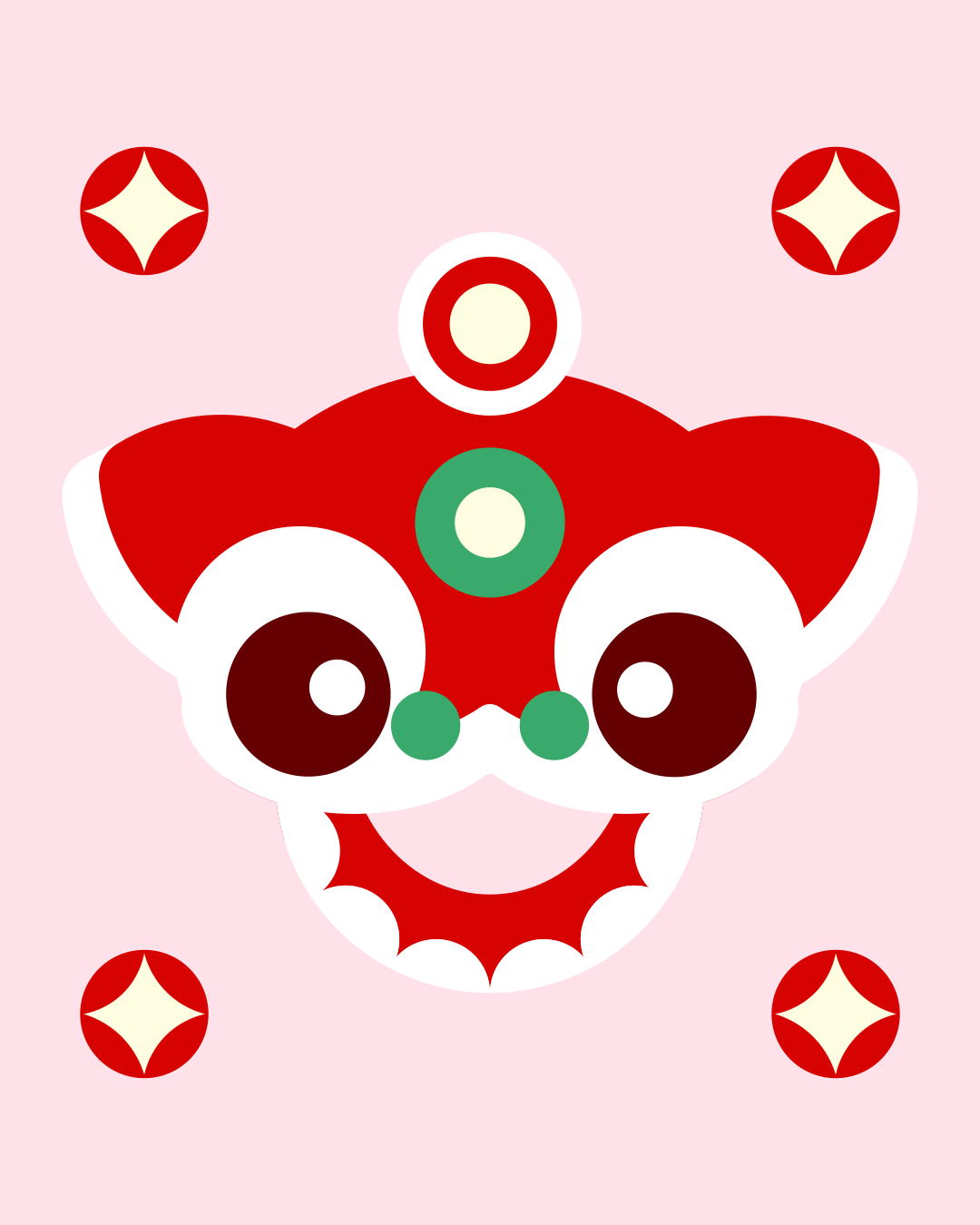 A cartoon lion dance head on a pink background.