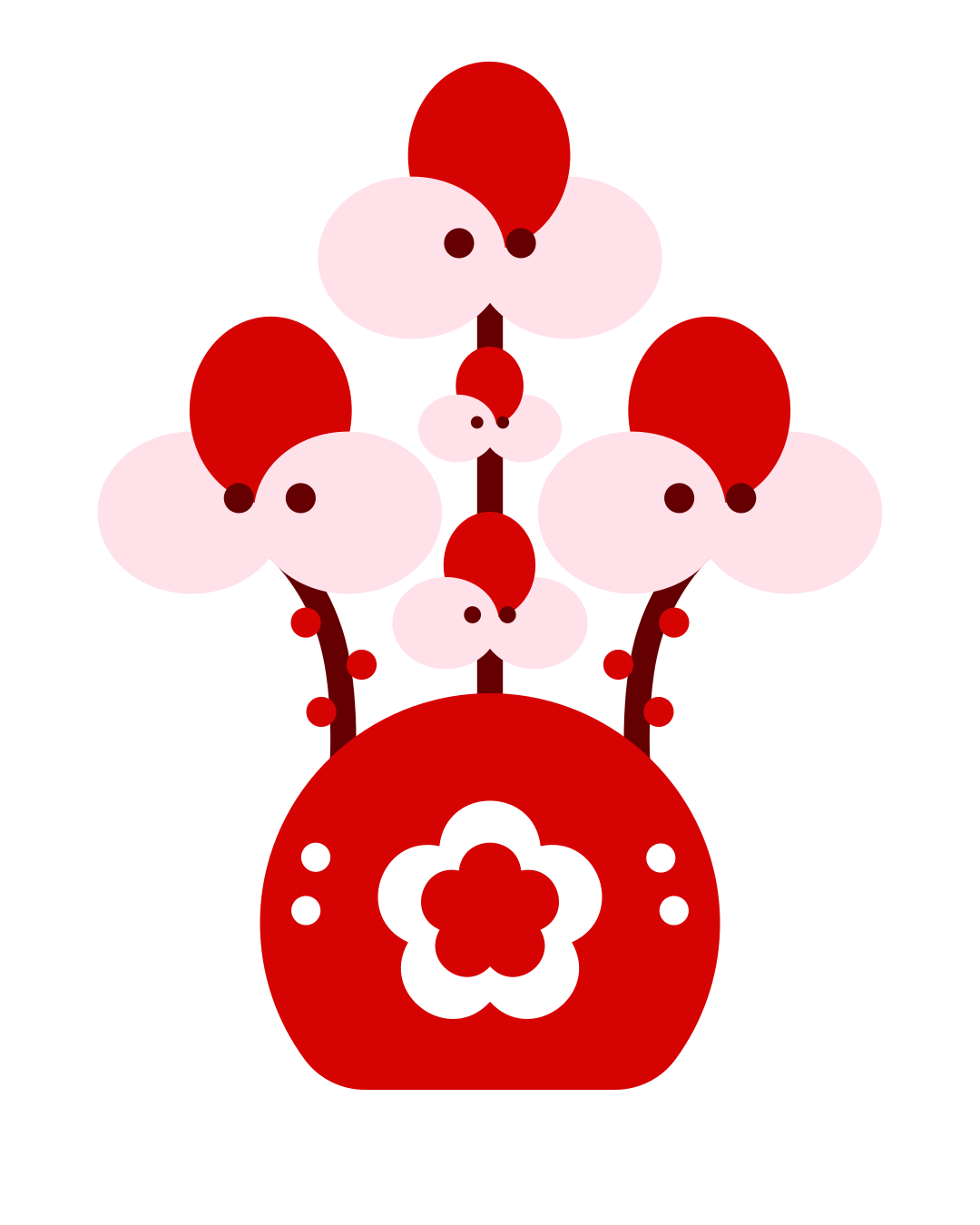 A red vase with stylized flowers.