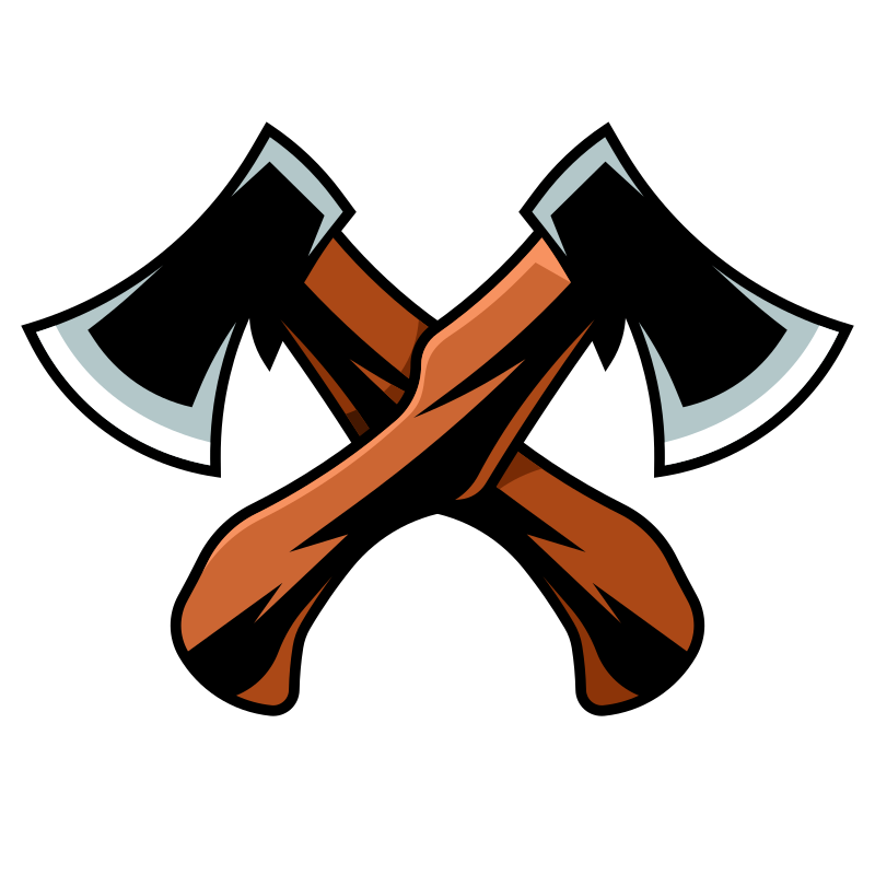 Two crossed axes in a woodcut style.