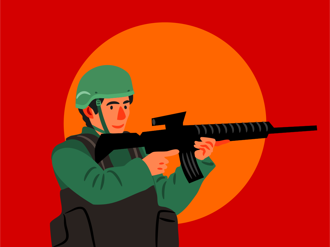 Un soldat pointe son fusil.