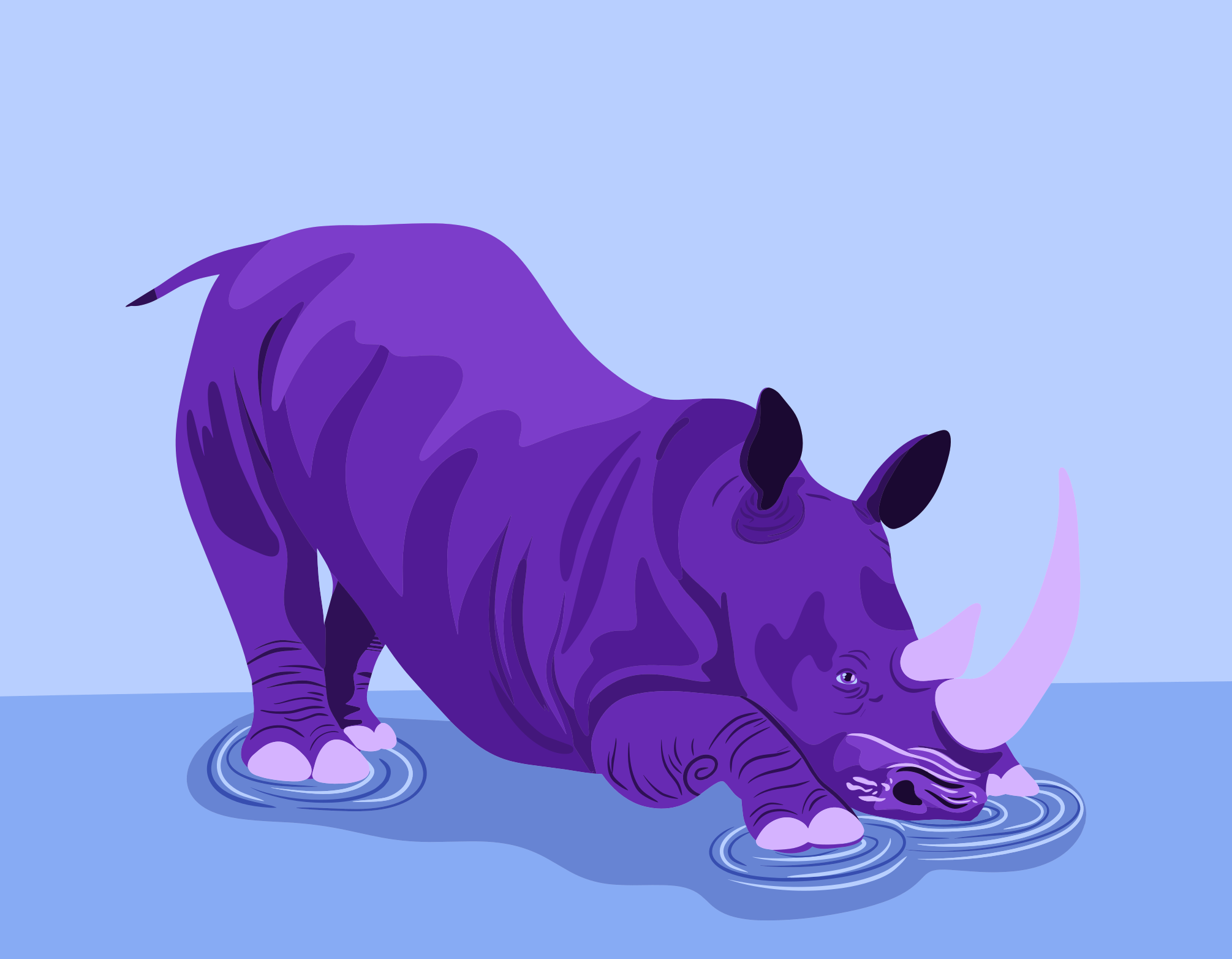 A purple rhino drinks water.
