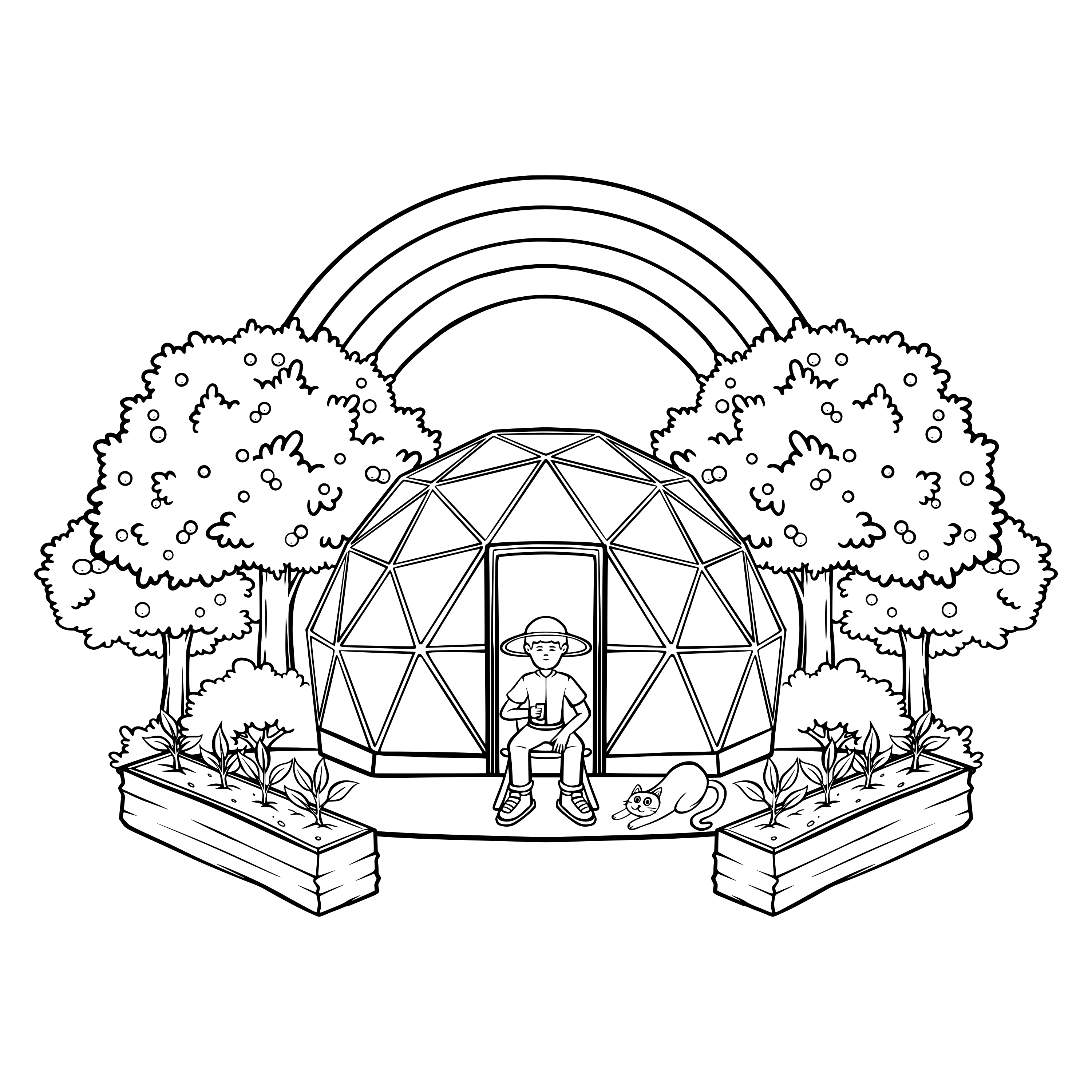 A person and cat relax in front of a dome.