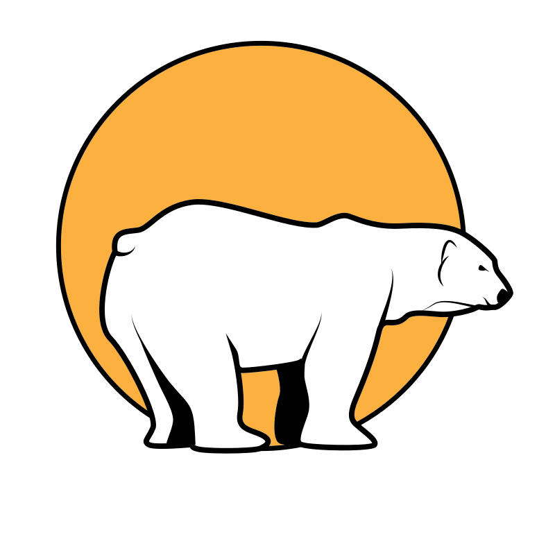 A polar bear silhouette in front of a sun.