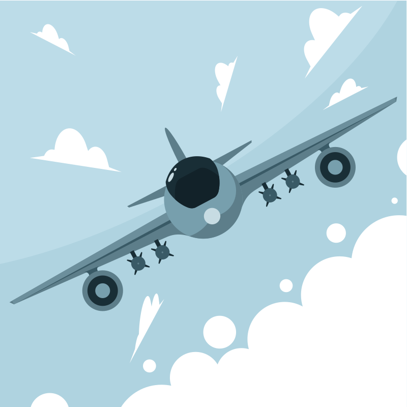 An airplane flies through the cloudy sky.