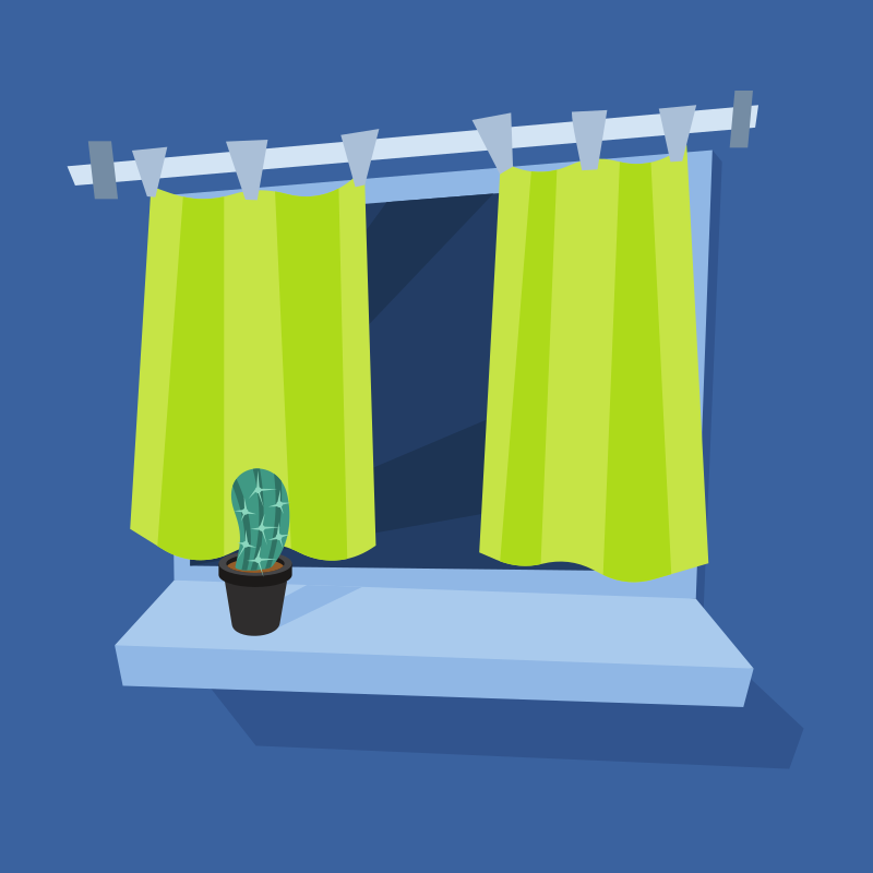 A window with curtains and a cactus.