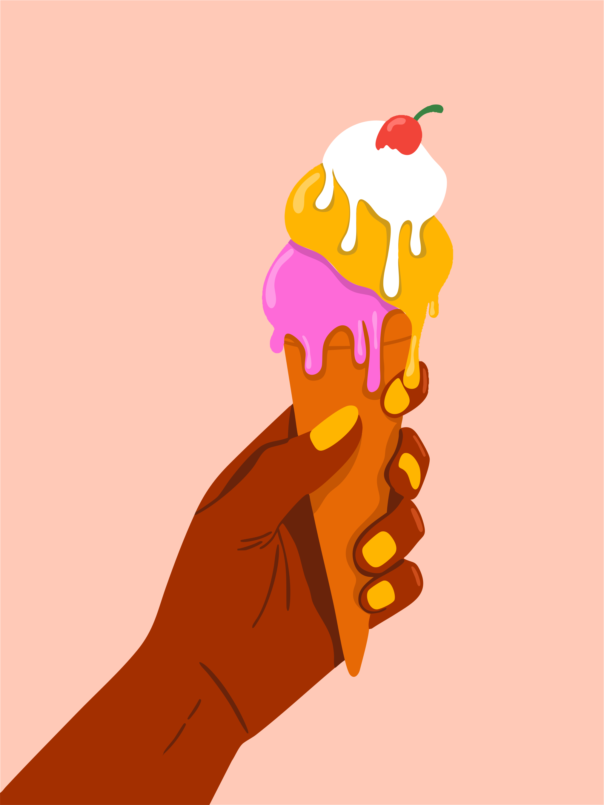 La main tenant un cornet de glace dégoulinant.