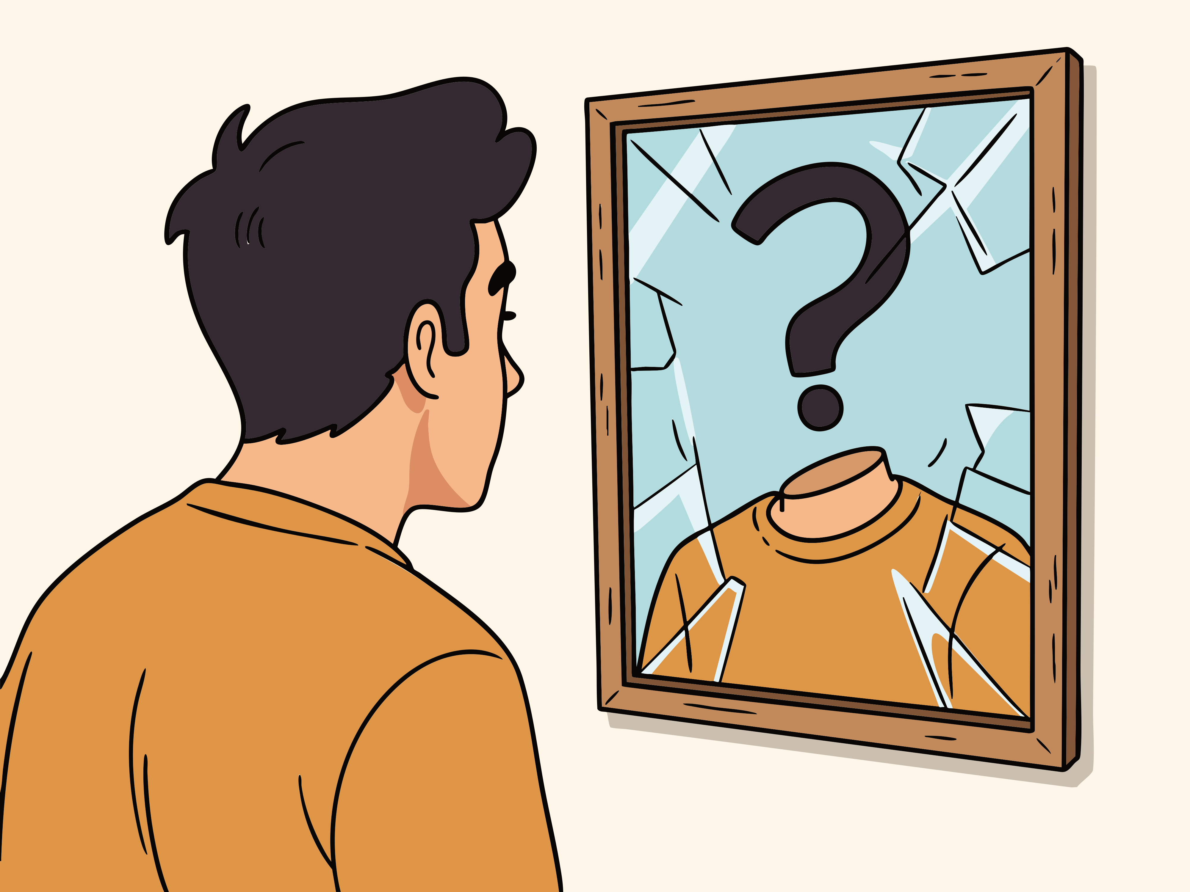 A man looks at a broken mirror's riddle.