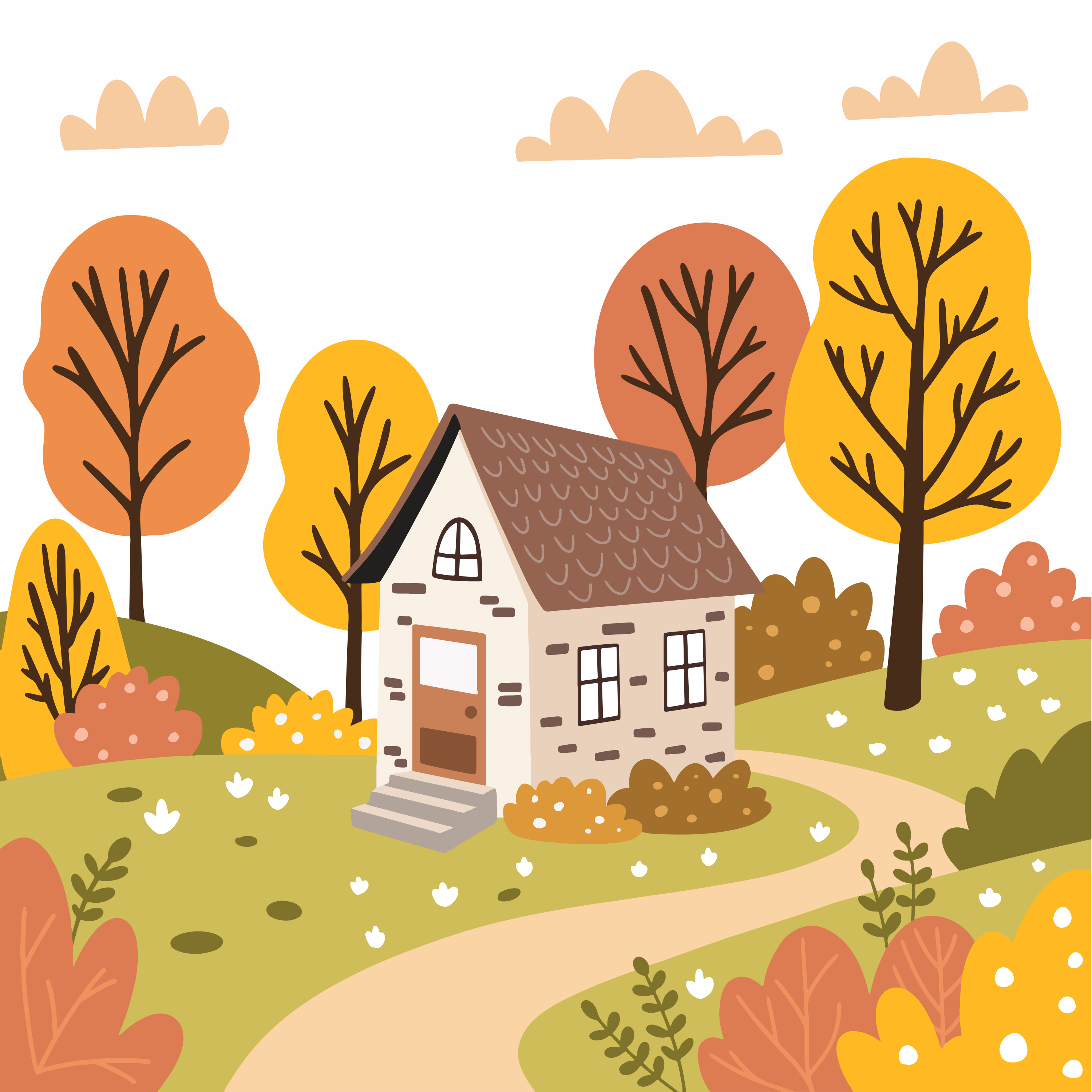 Gemütliches Haus und Herbstlaub ergeben eine angenehme Szenerie.