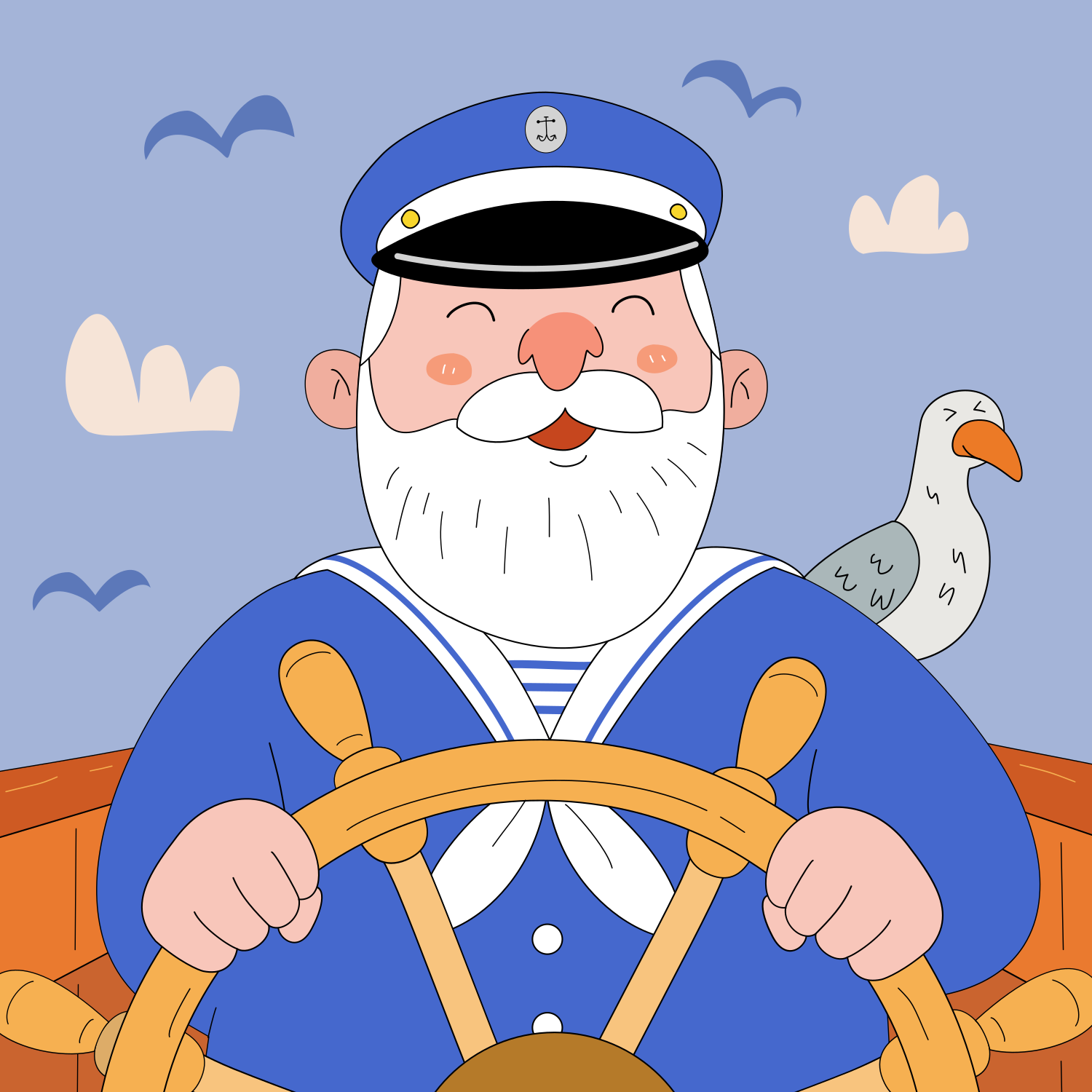 A cheerful sailor steers his ship at sea.