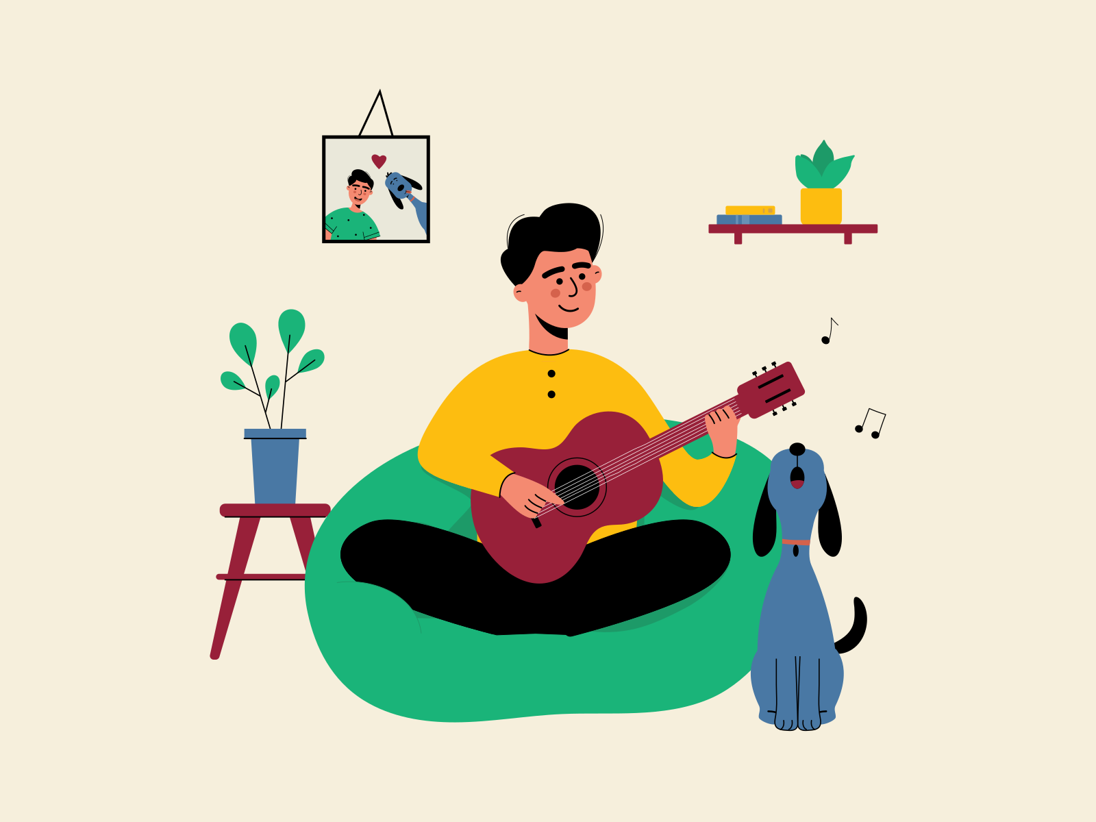 Un uomo suona la chitarra mentre il suo cane ascolta.