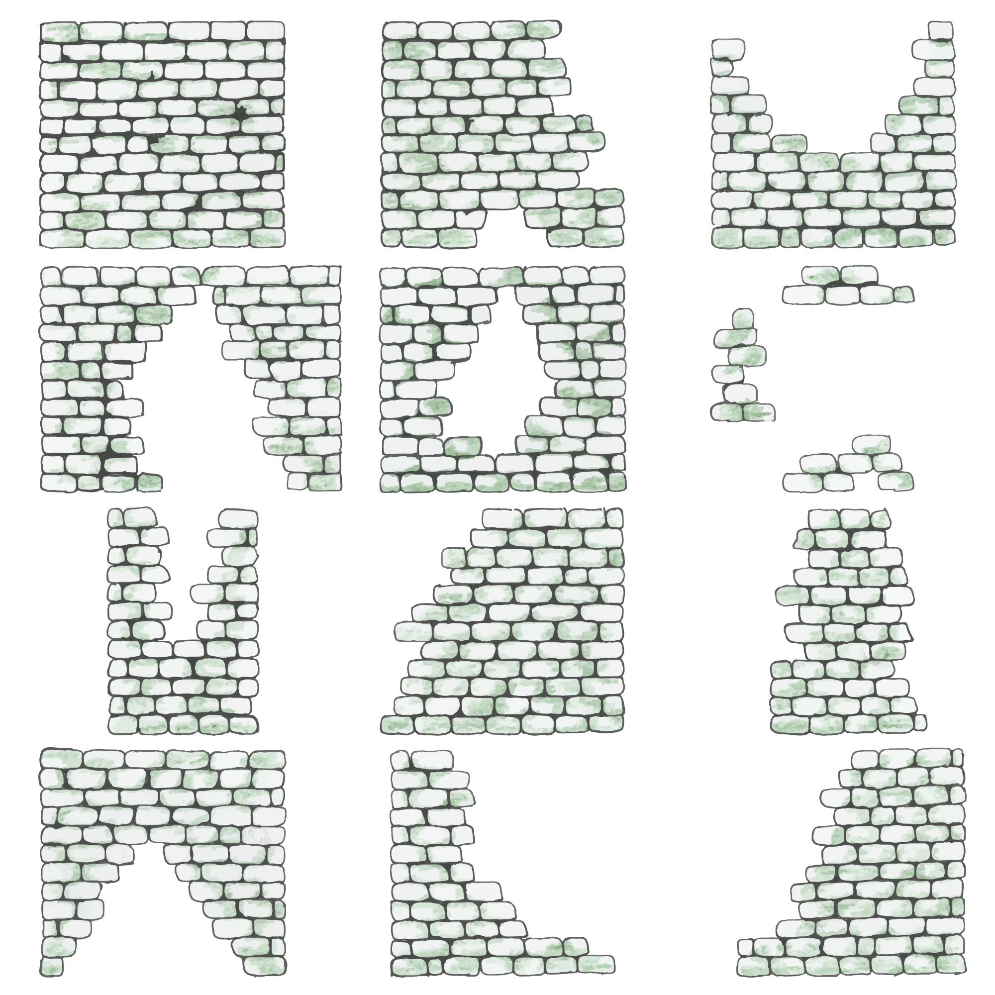Different illustrations of damaged brick walls are shown.
