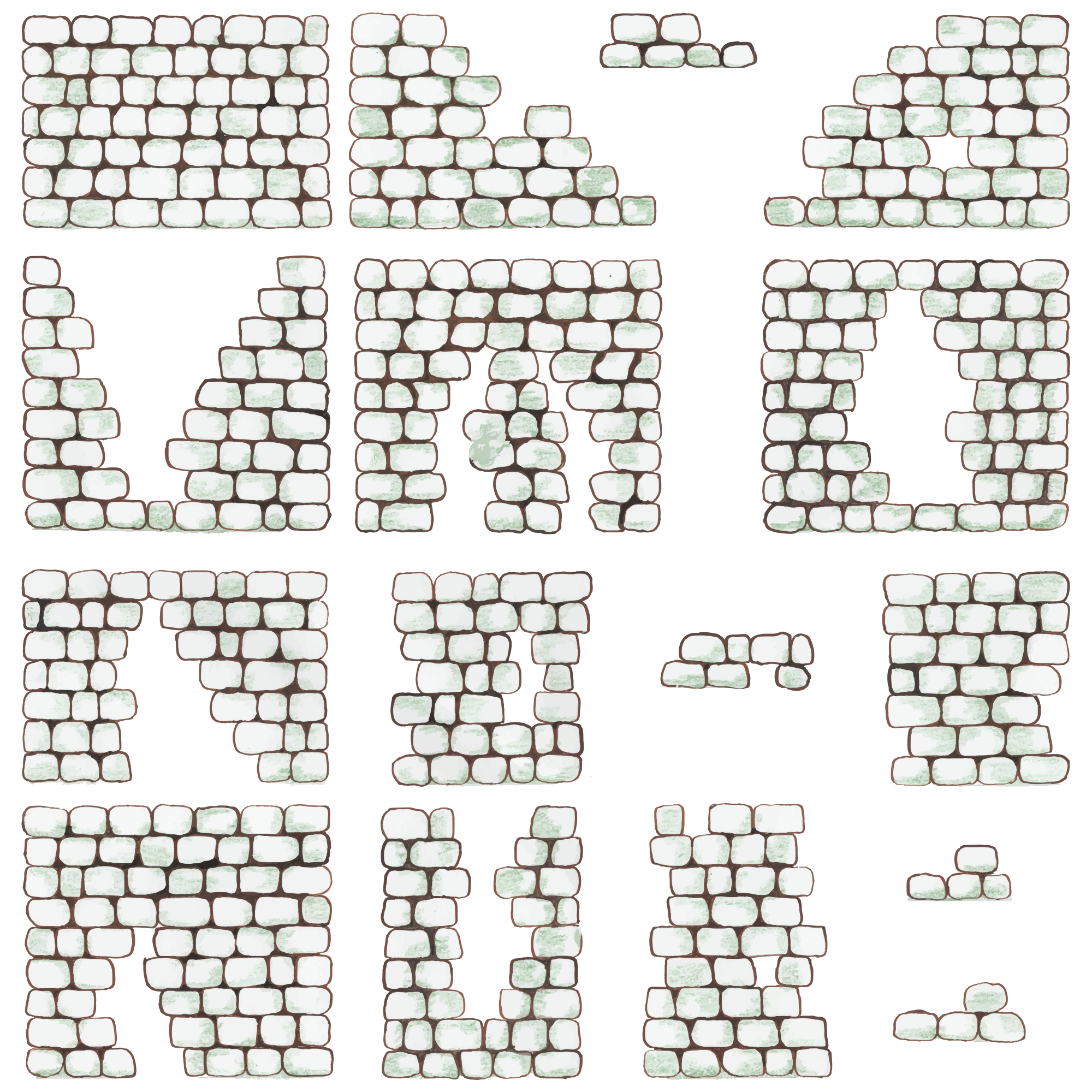 Stone wall sections, each damaged in different ways.