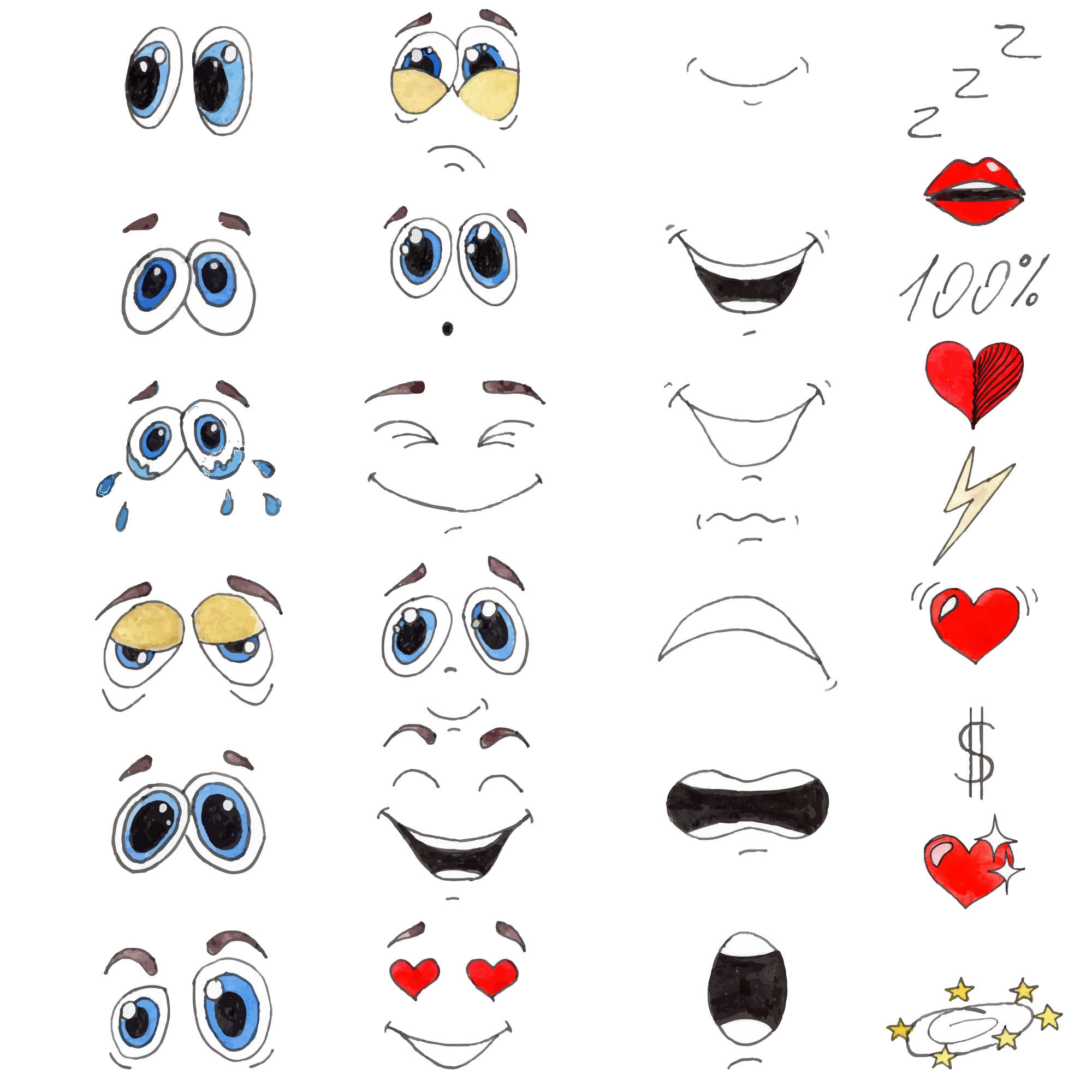 Cartoon-Augen und Münder mit verschiedenen Gesichtsausdrücken.