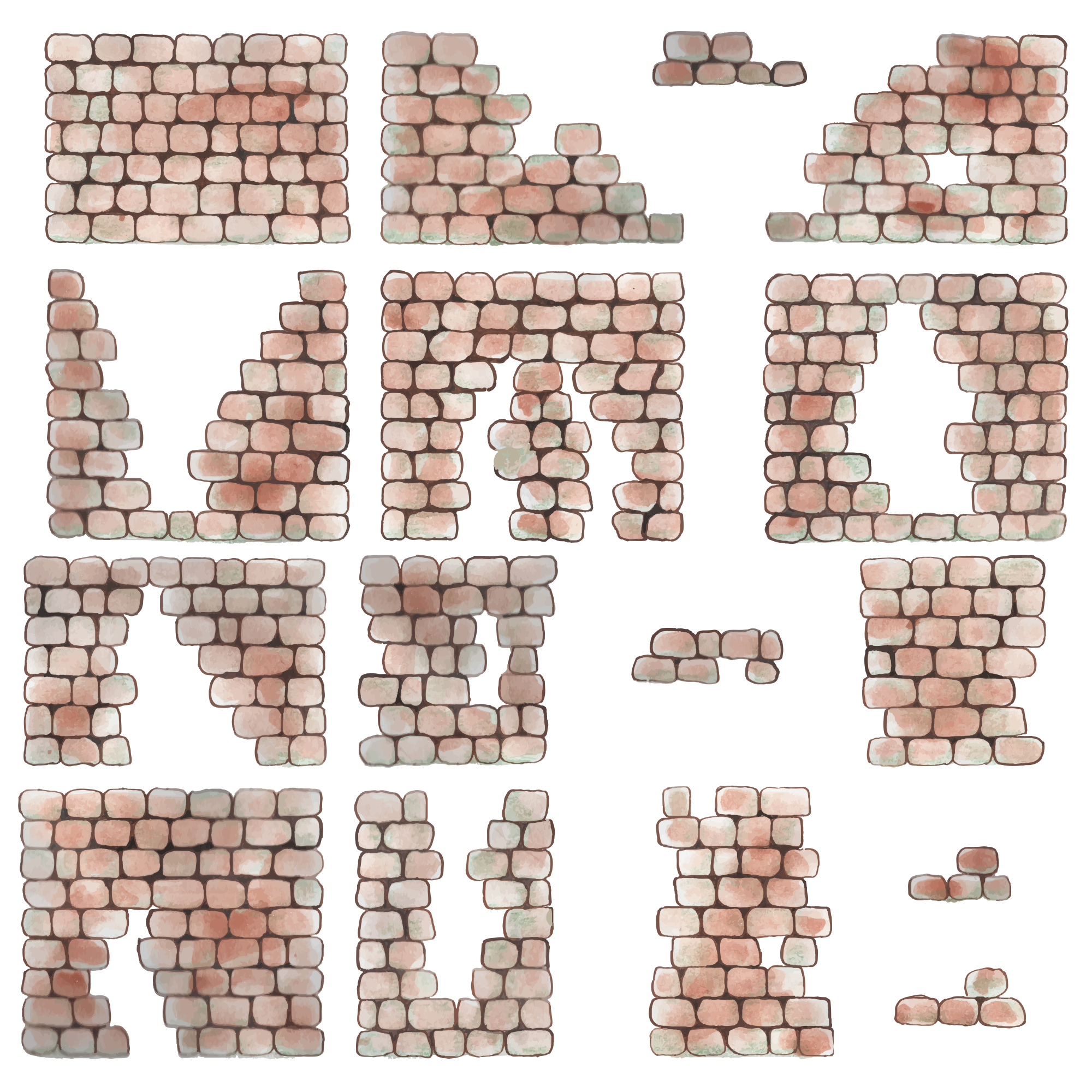 Brick walls with varying damage and designs.