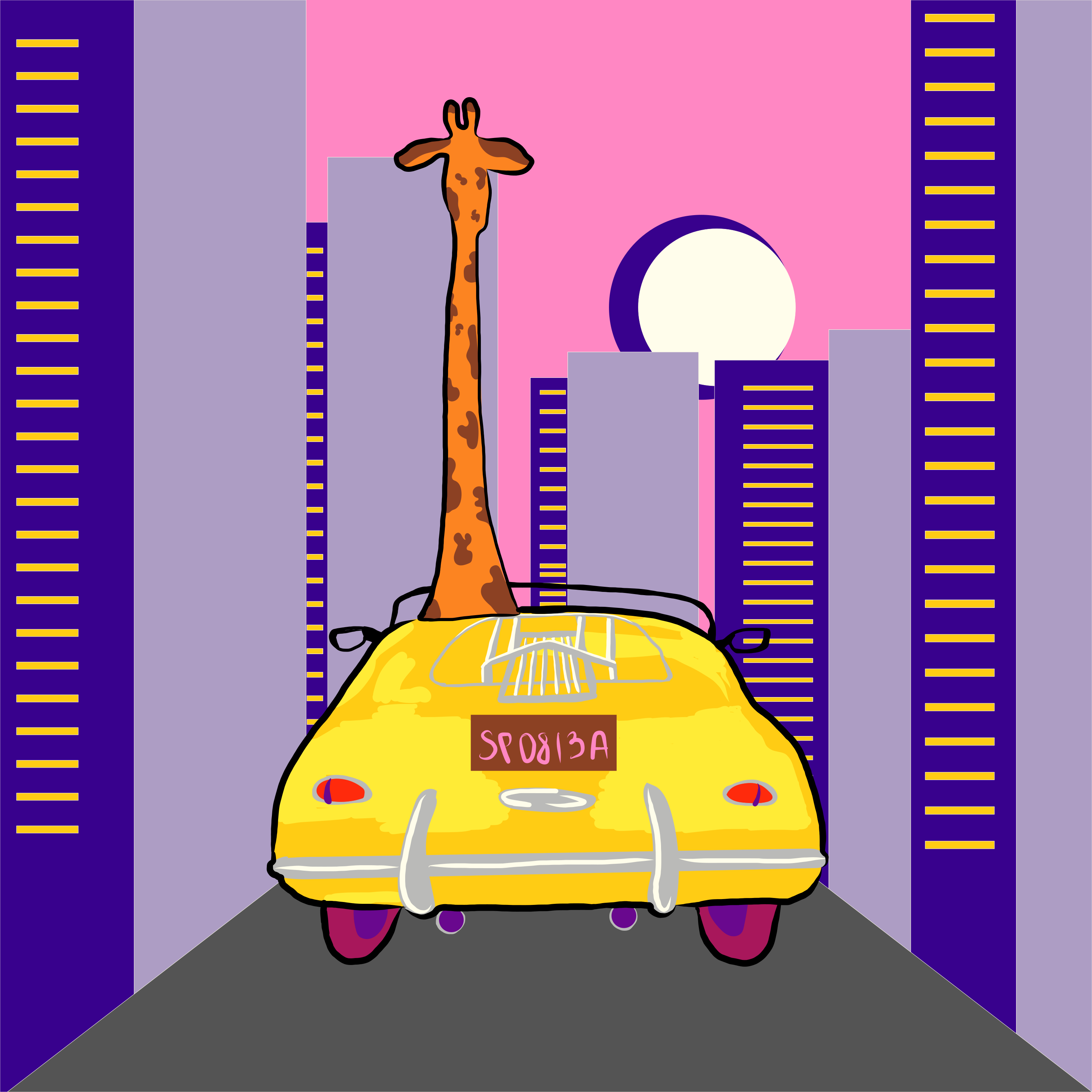 A giraffe drives a car through a city.