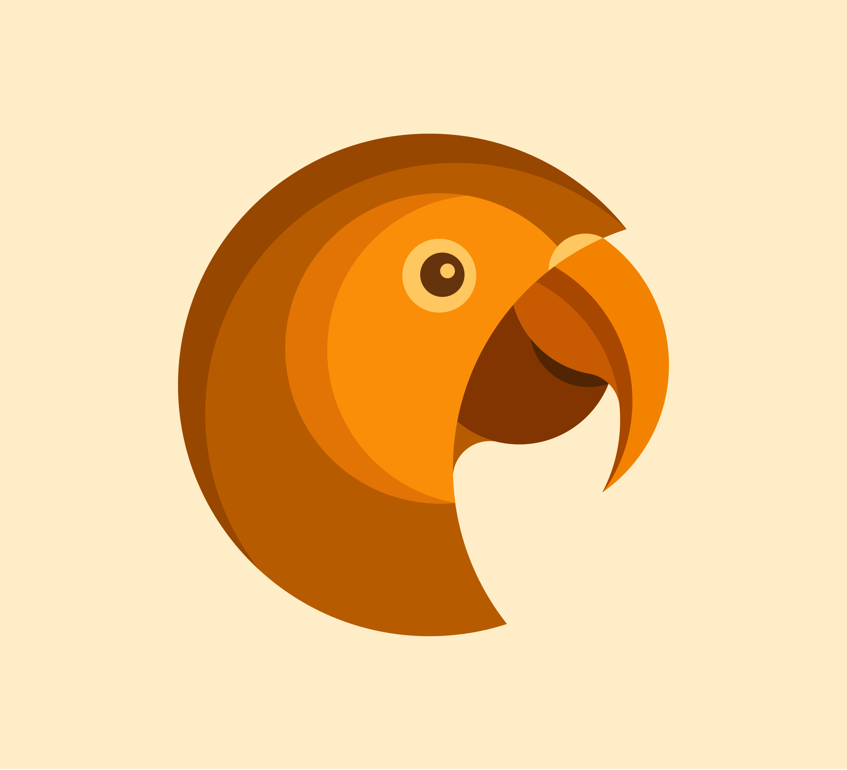 A stylized parrot's head in a circular design.