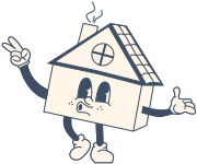 Una casa de dibujos animados hace un signo de paz.