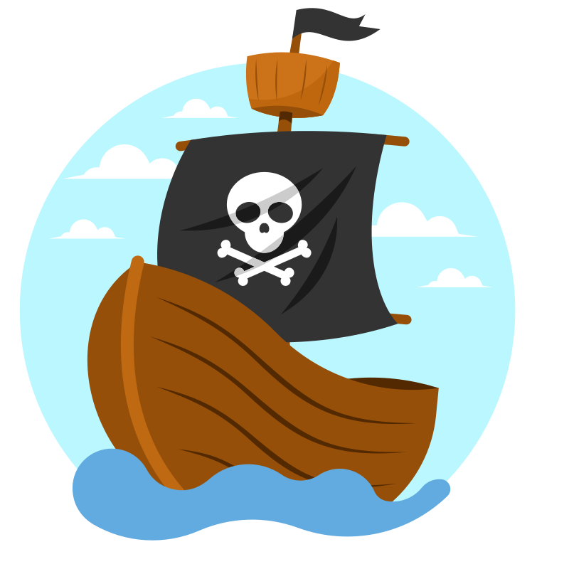 A pirate ship sails the sea with skull and crossbones.