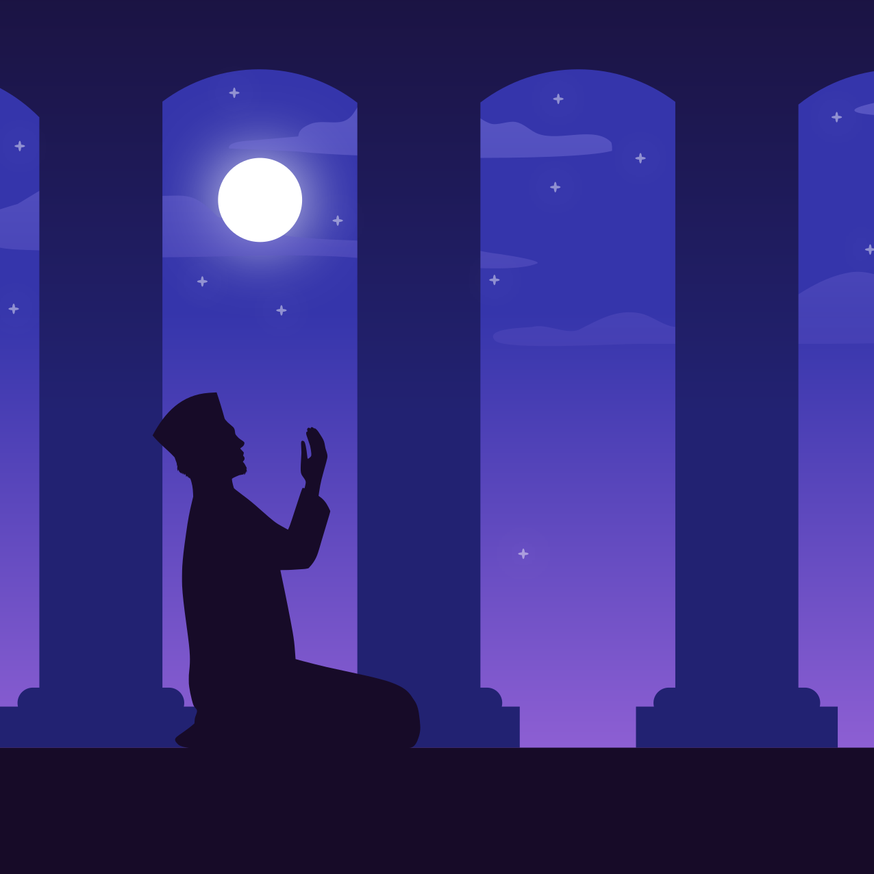 Ein muslimischer Mann betet unter einem Nachthimmel.