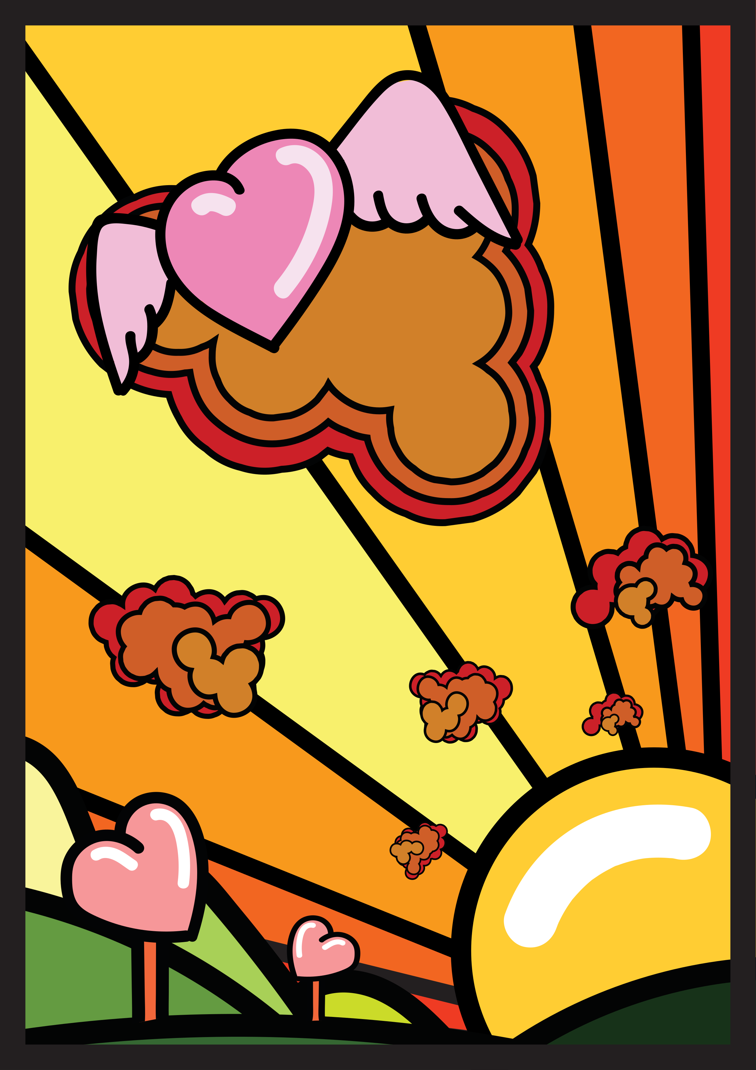 Un cœur ailé vole au-dessus du coucher du soleil.