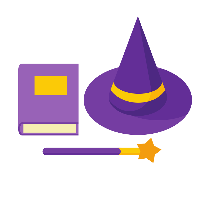 Witchy items: a book, hat, and a magic wand.