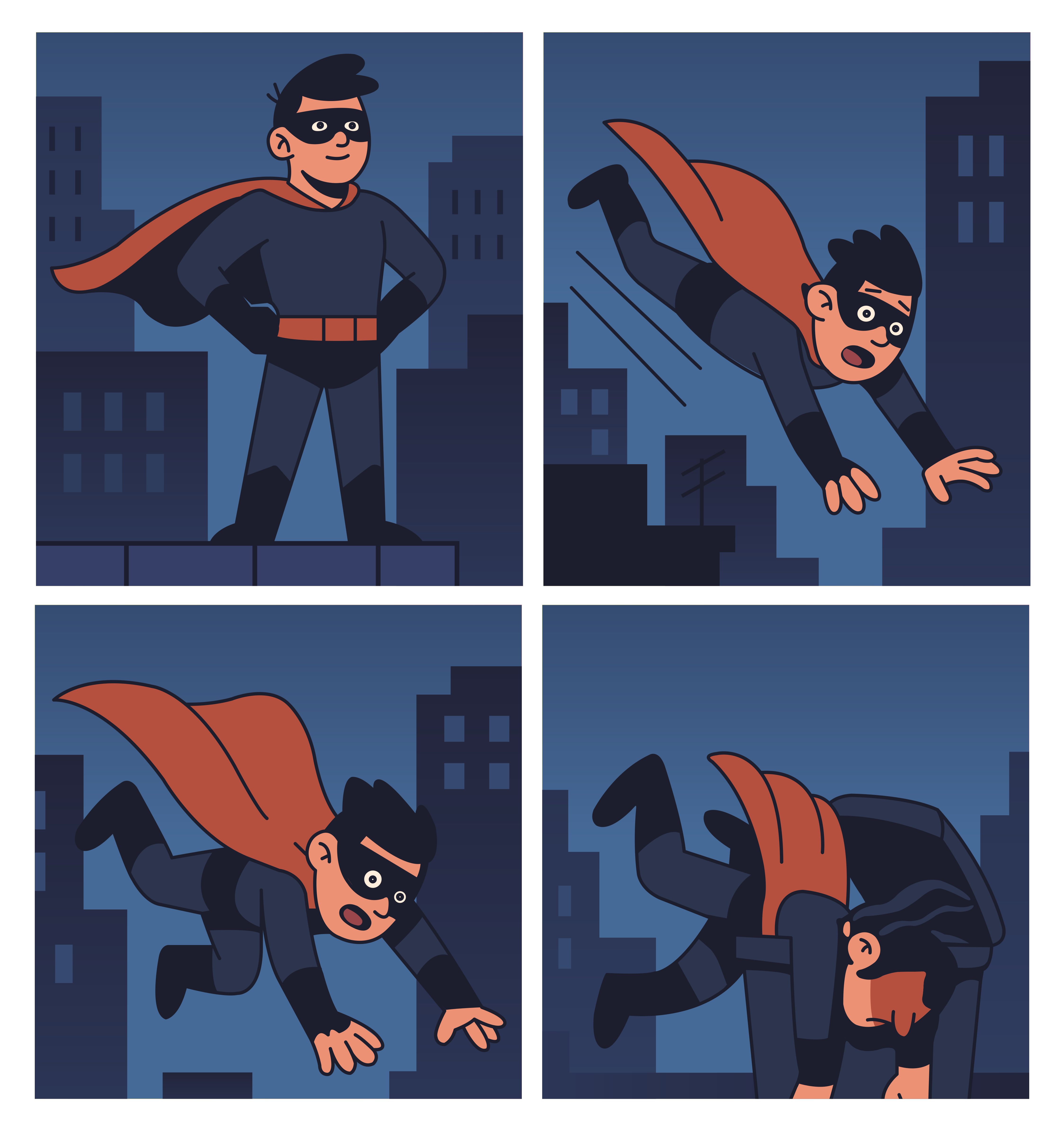 Superhero fails to land a successful flight.
