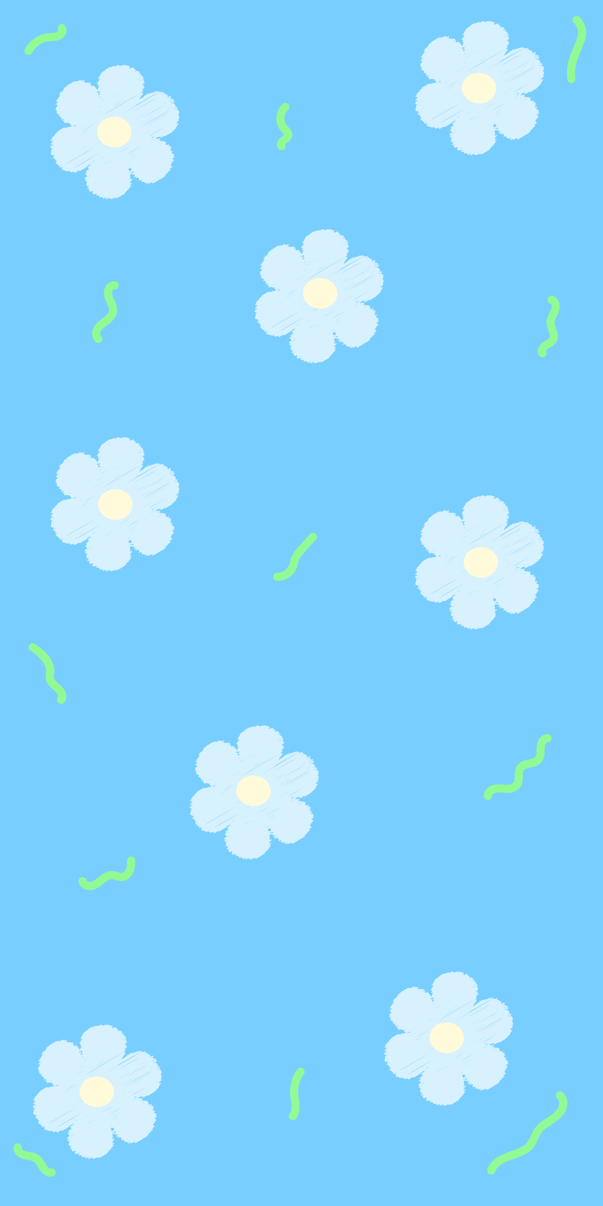 Blue flowers with green accents on a blue background.