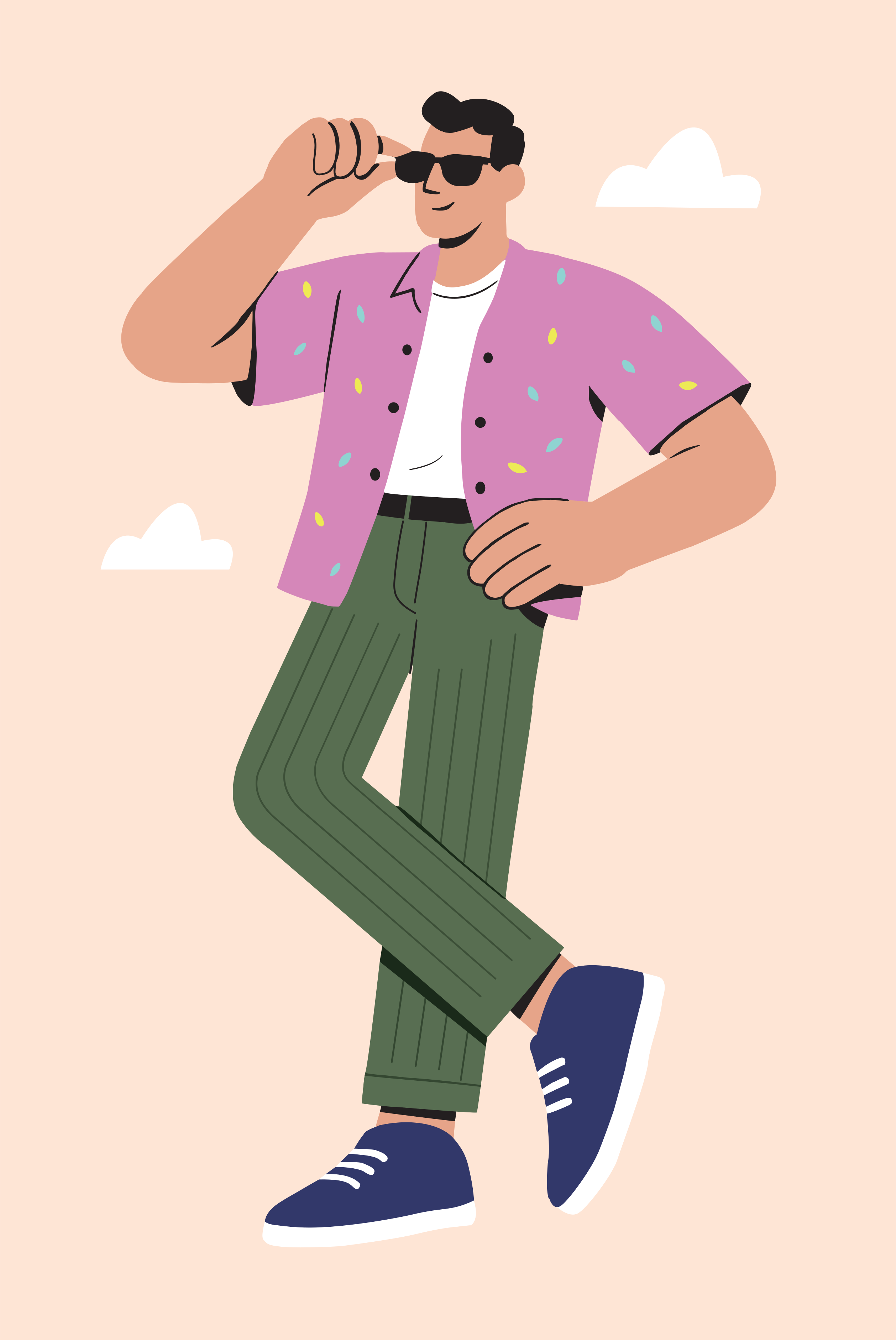 Un uomo alla moda che posa con gli occhiali da sole.