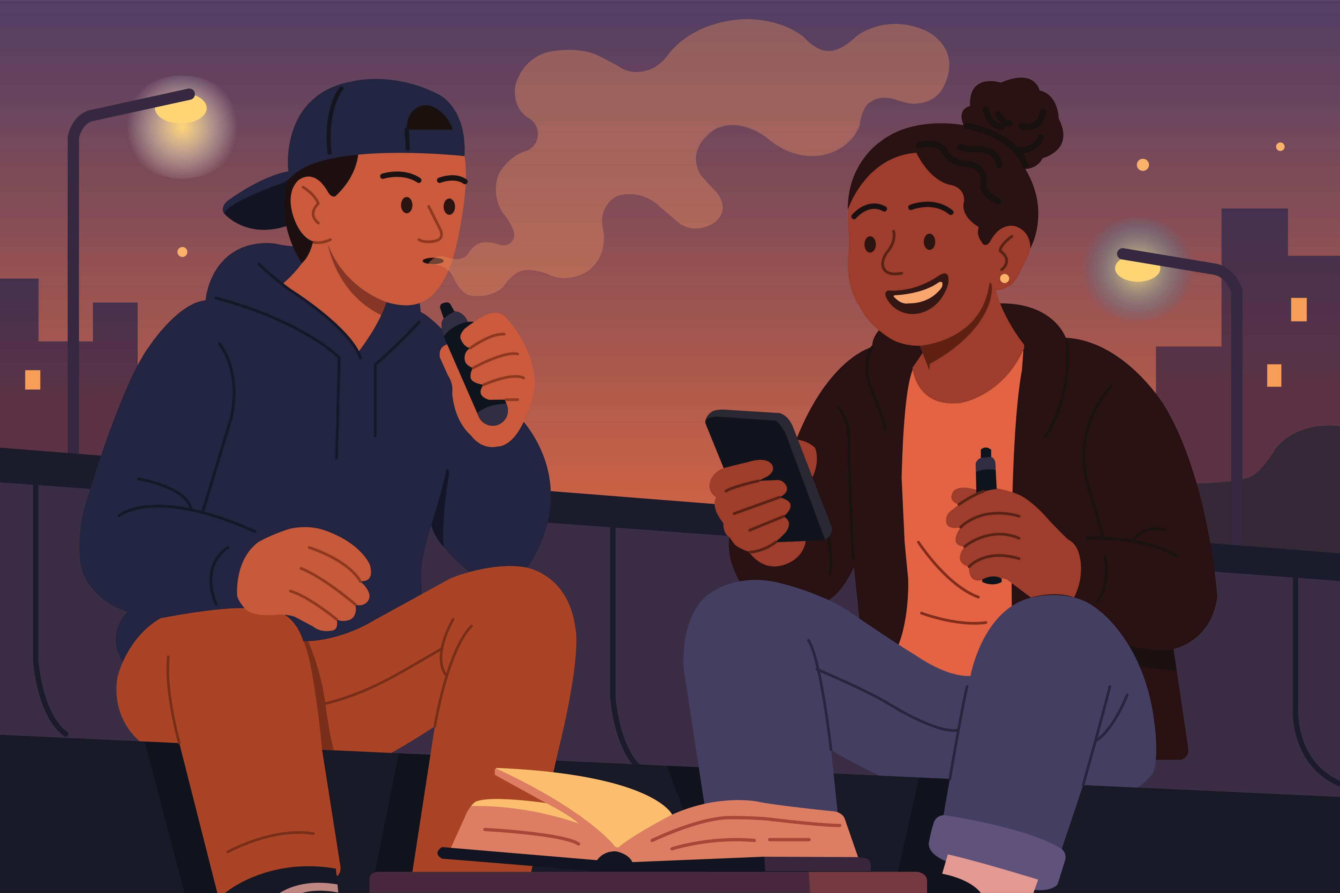 Two people are vaping and hanging out at night.