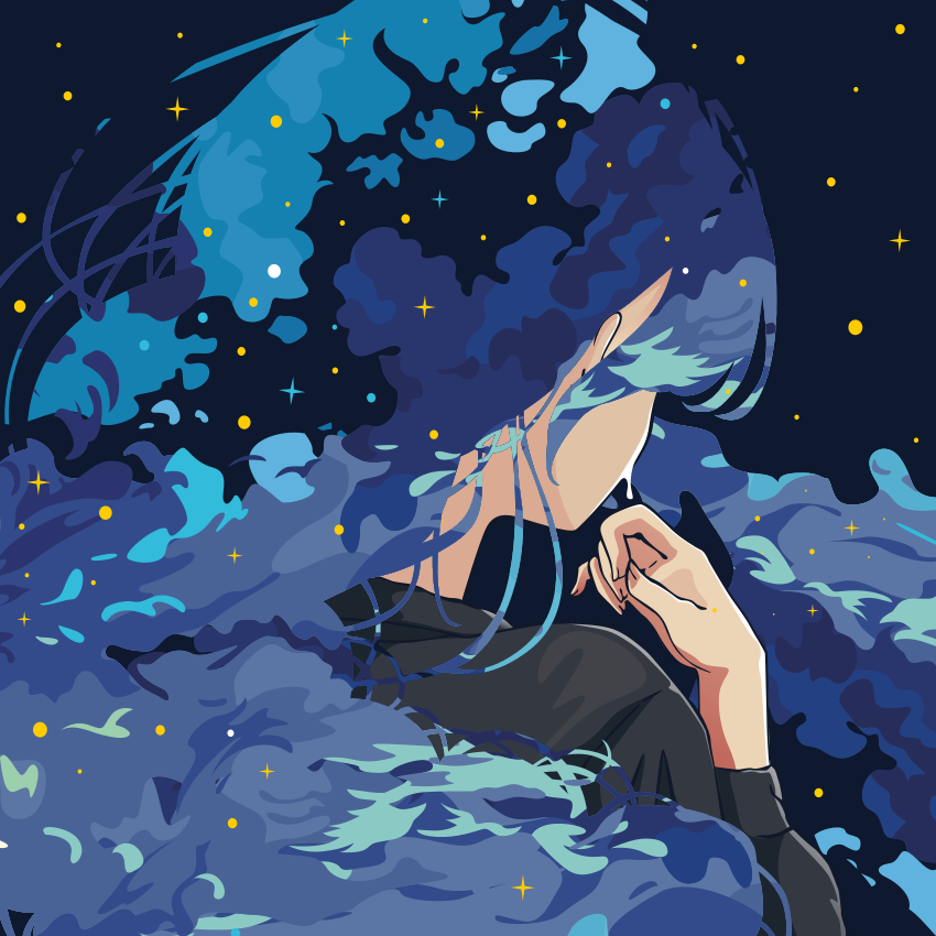 Une personne est submergée dans une mer bleue étoilée.