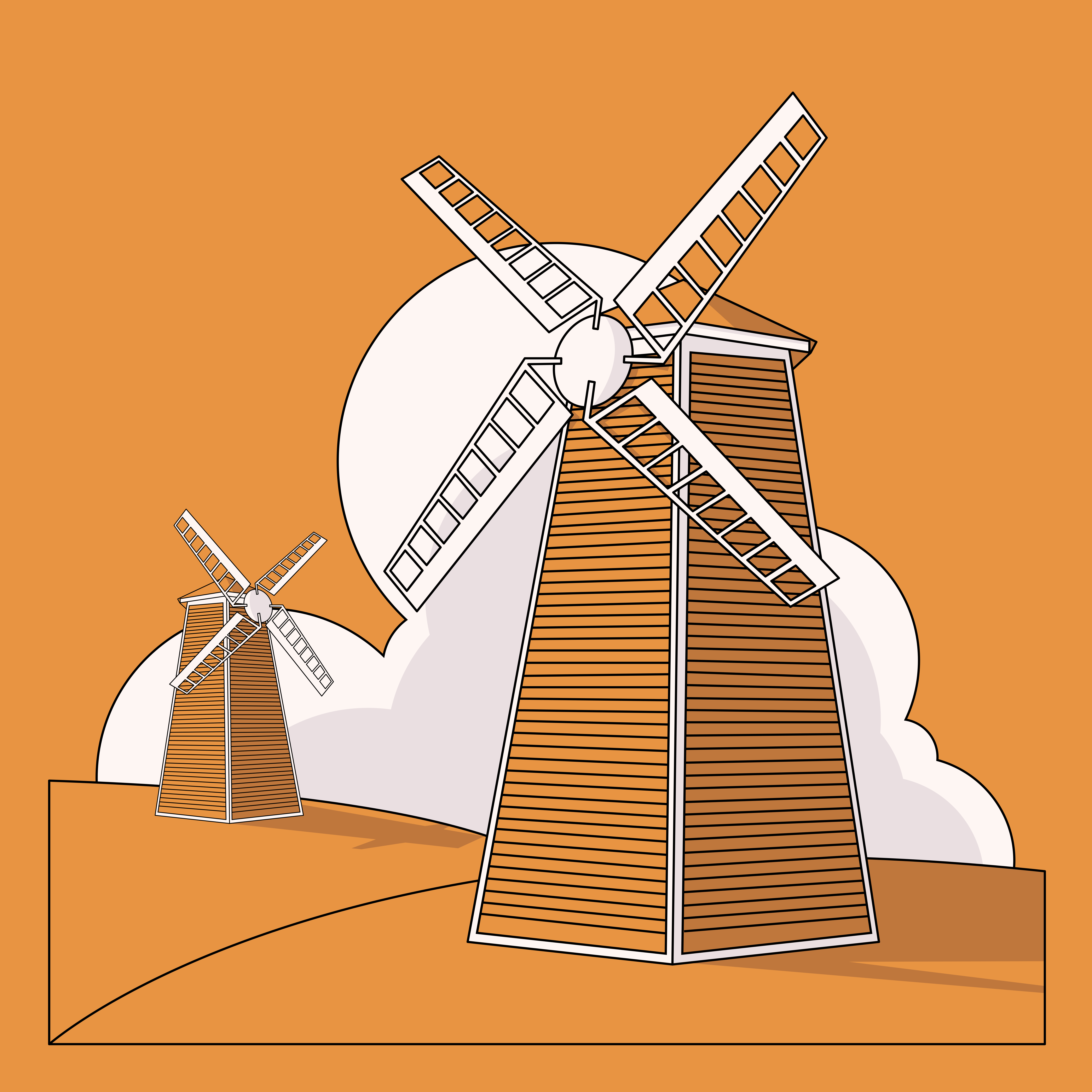 Windmills stand on a field under an orange sky.