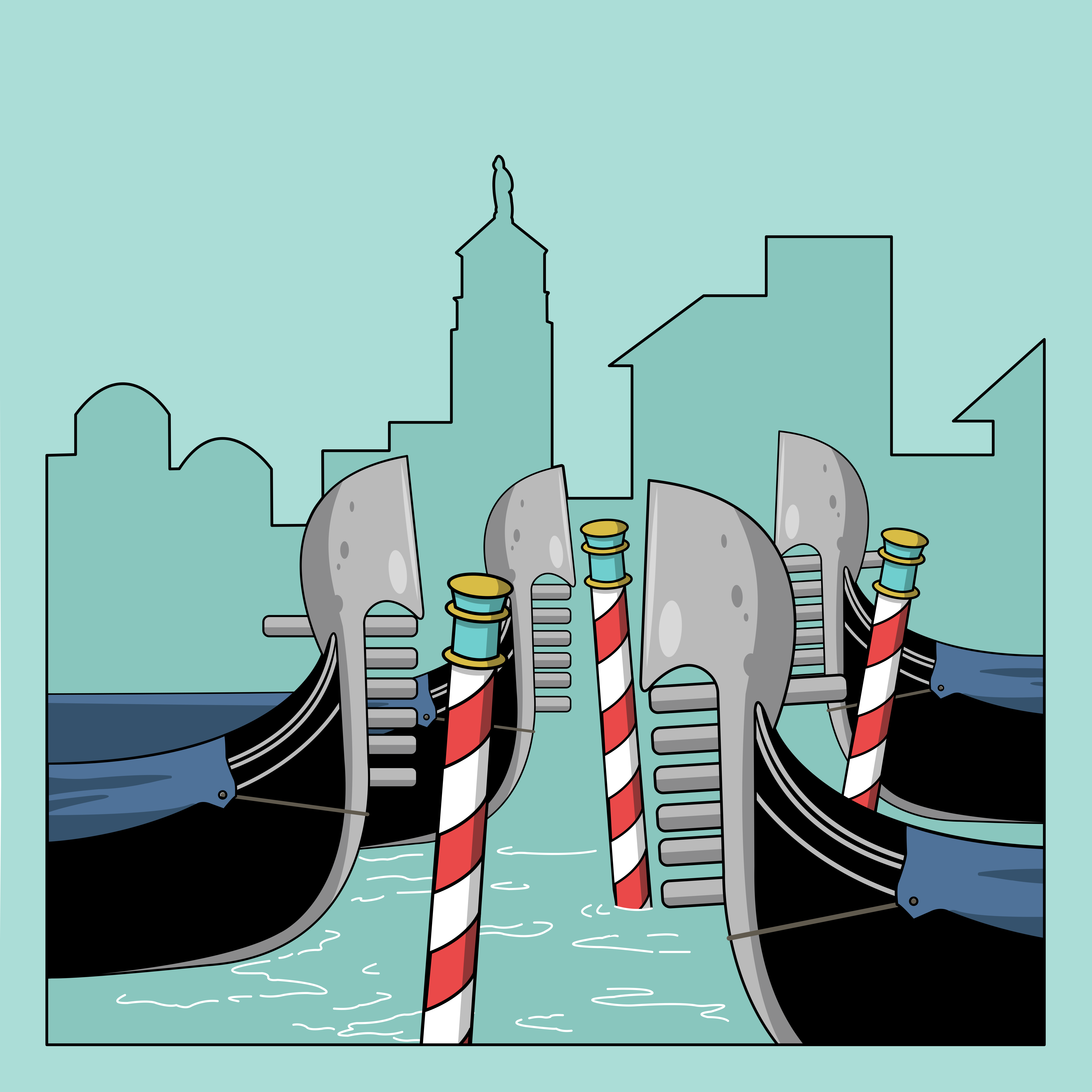 Gondolas are docked in a canal in venice.