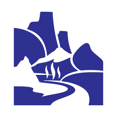 Mountains and a river form a stylized logo.