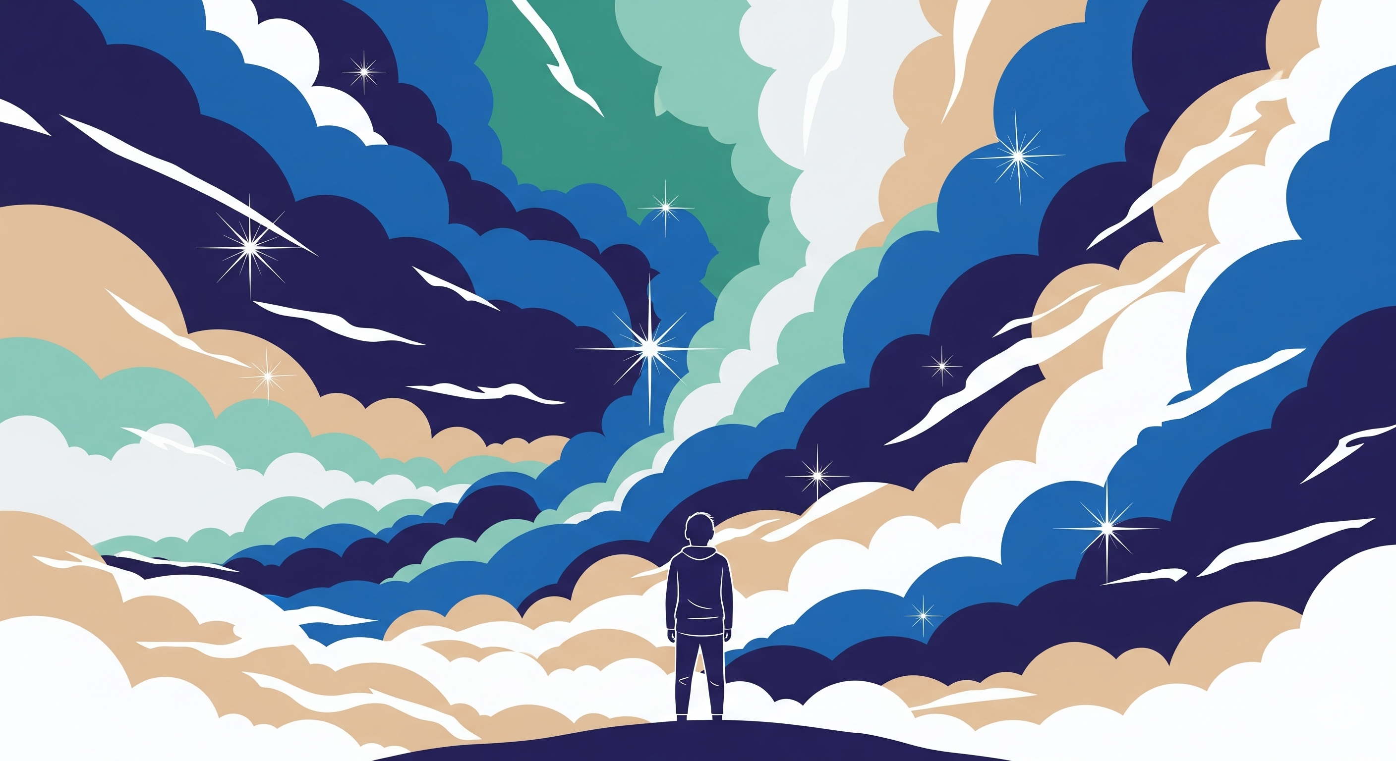 A person gazes at a colorful, starry sky.