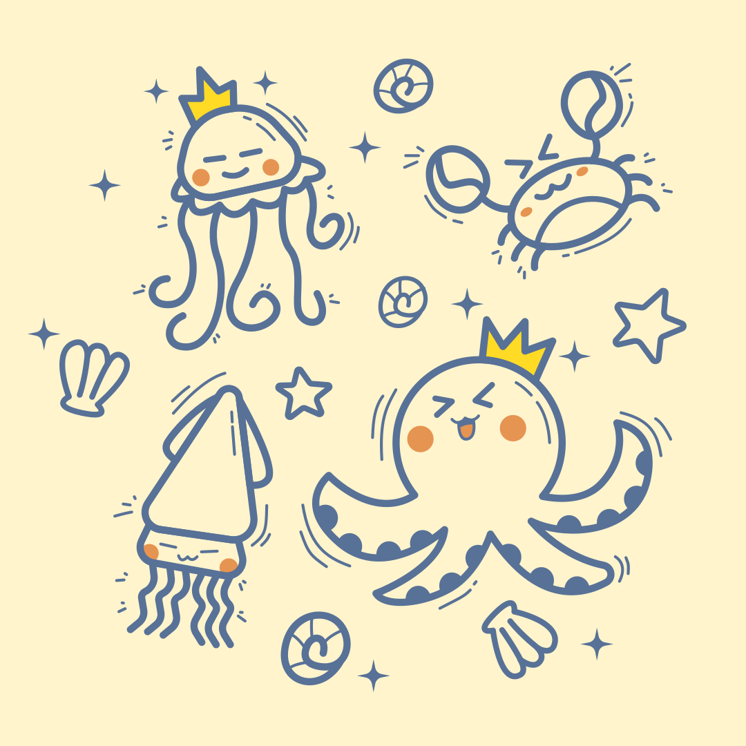Cute cartoon sea creatures with crowns!