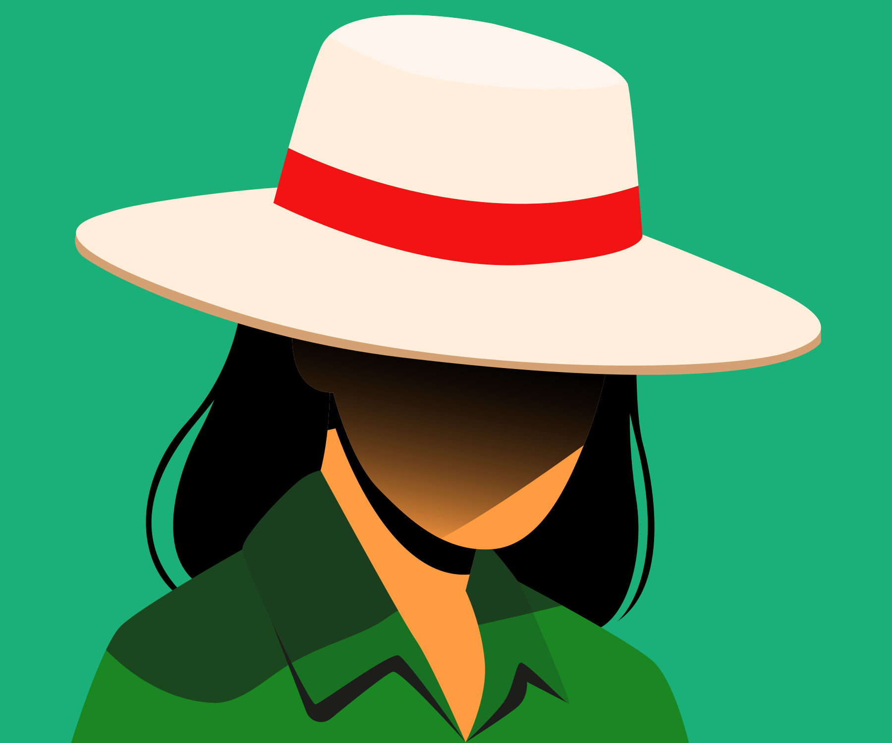 Donna con un cappello su uno sfondo verde.