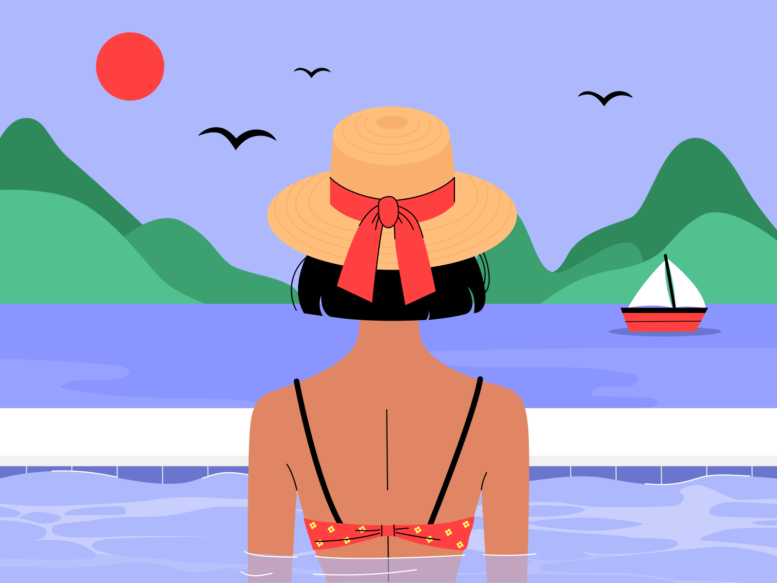 Woman with hat enjoying a beautiful ocean view.