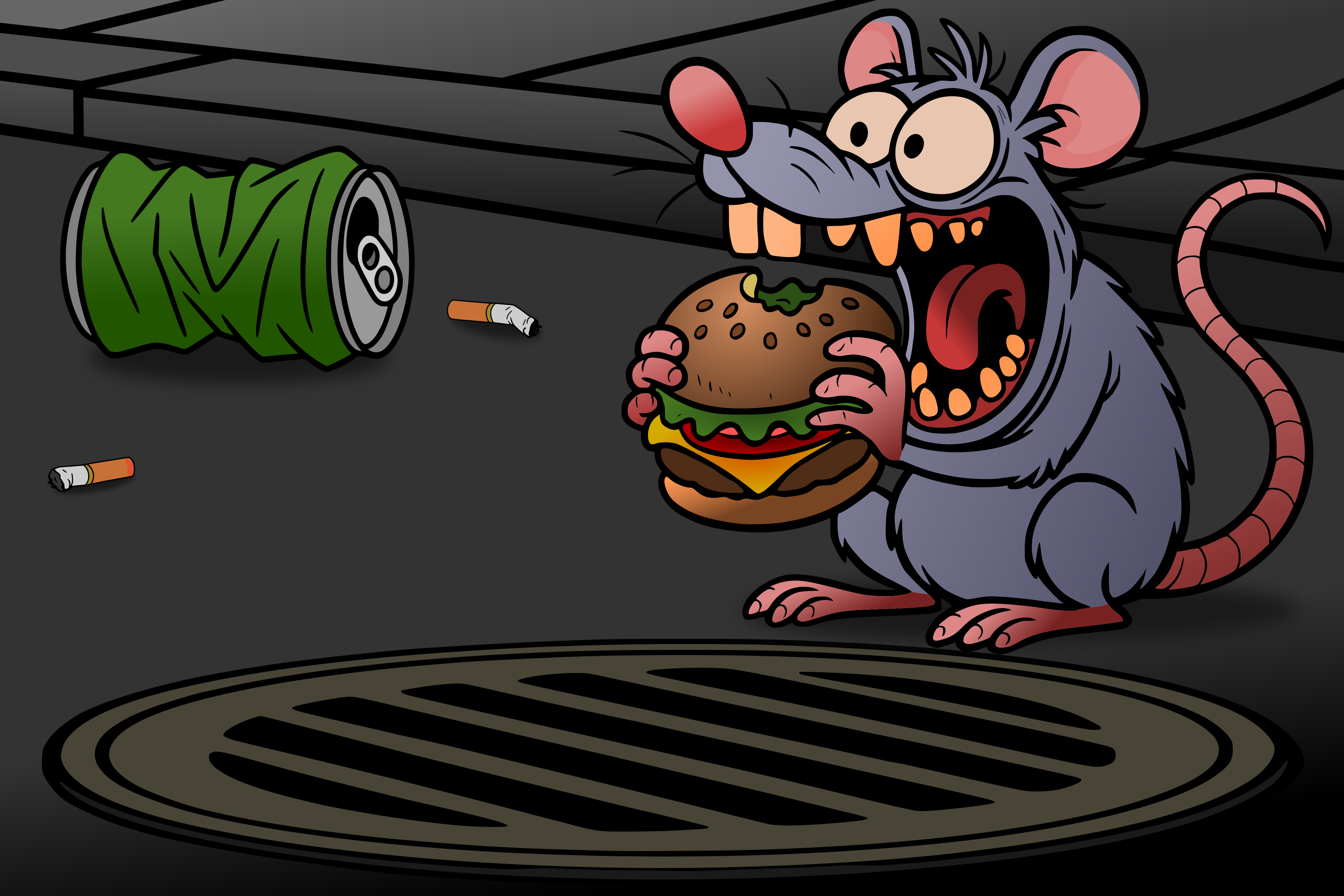 A cartoon rat eats a hamburger on the street. vector – Free City Image ...