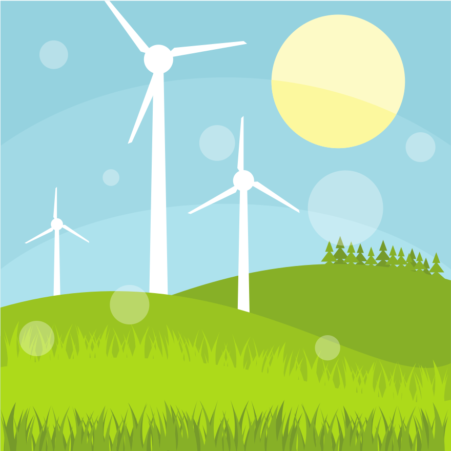 Wind turbines generate electricity on a sunny day.