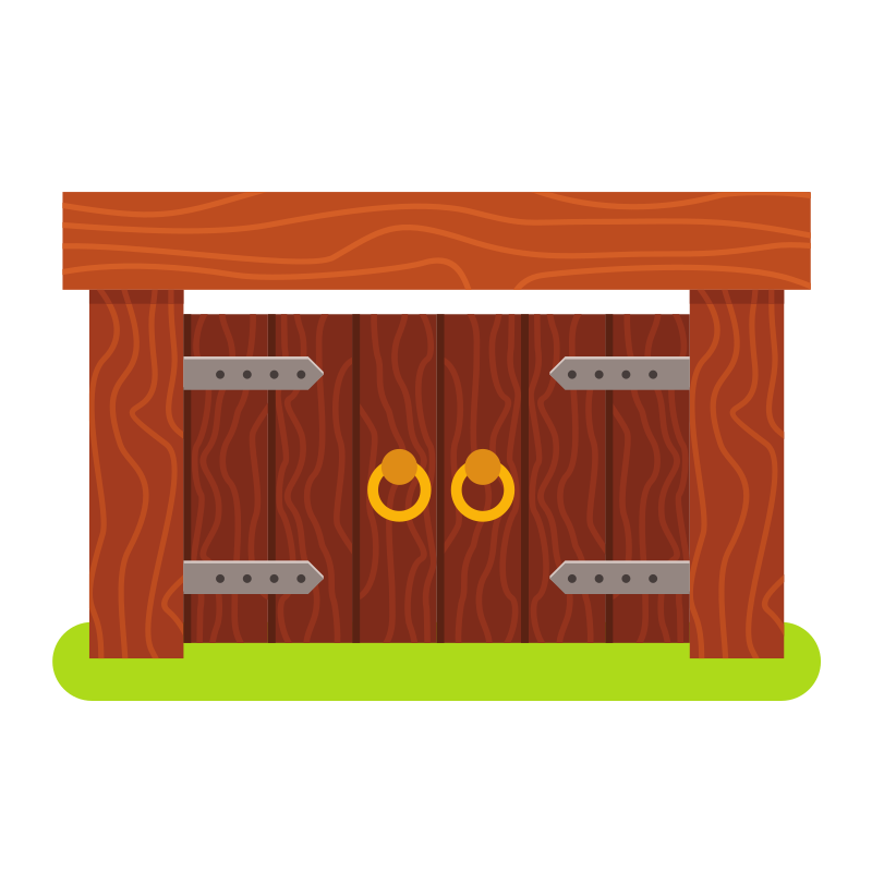 Holztüren mit Metallscharnieren befestigt.