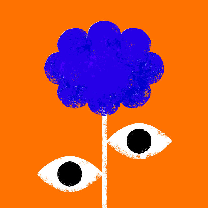 Una flor con ojos crece sobre naranja.