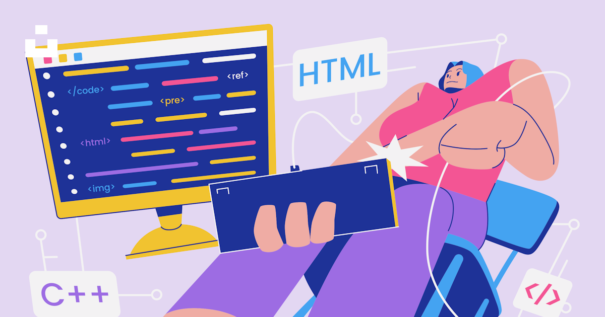 Programmer codes with a monitor, laptop, and different languages ...