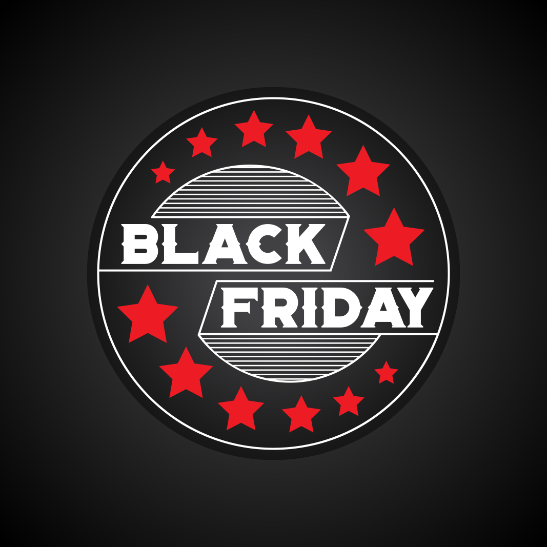 Logo du Black Friday avec des étoiles et un motif circulaire.