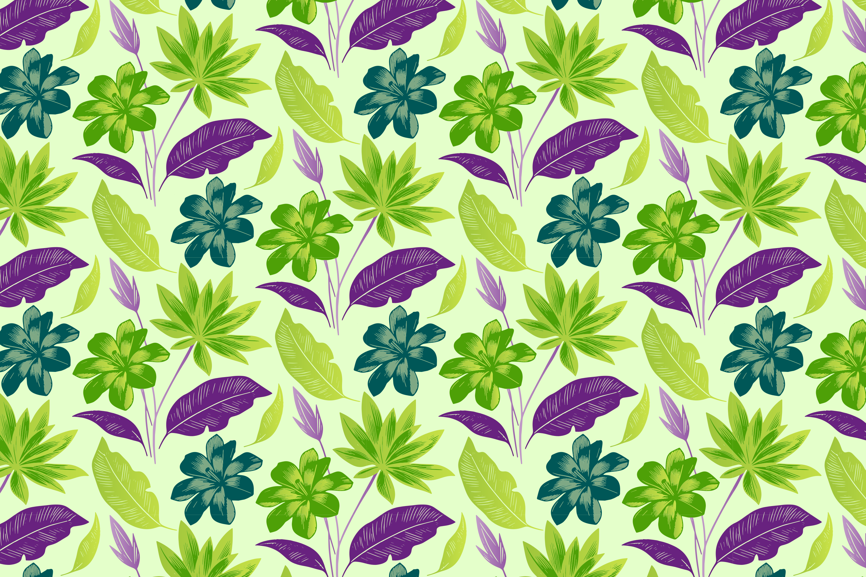 Floral pattern in vibrant green and purple colors.