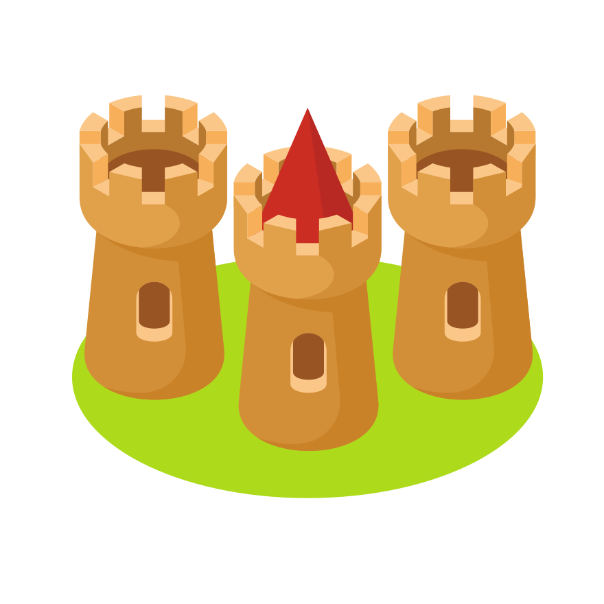 Three castle towers on green terrain.